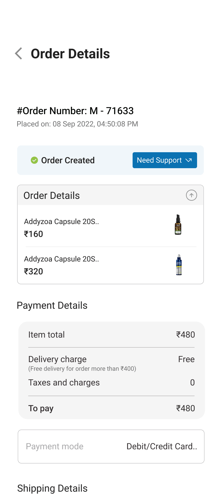 Medicine order detail with payment breakdown
