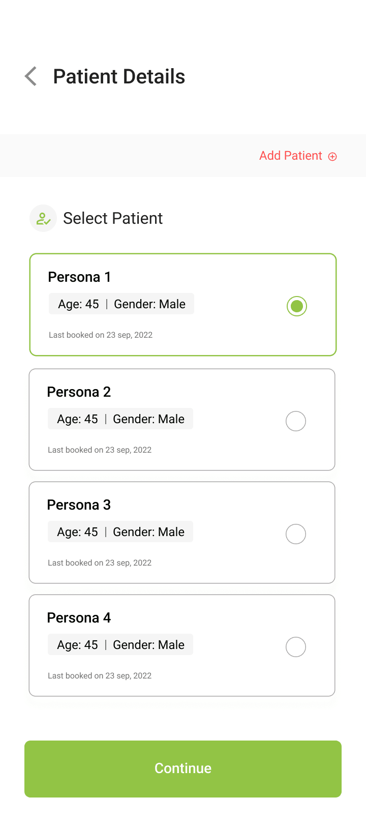 Patient selection screen with saved personas