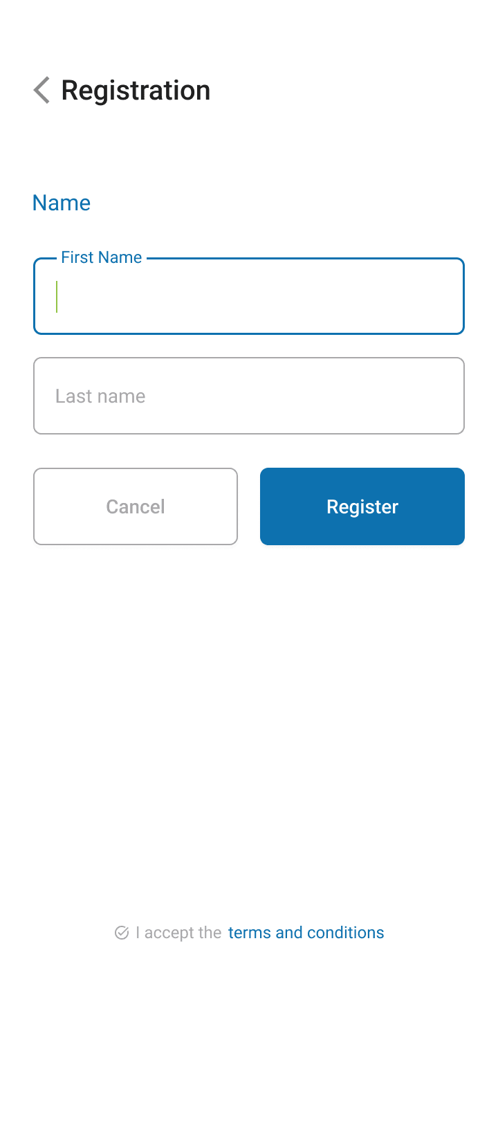 Registration form with first and last name fields