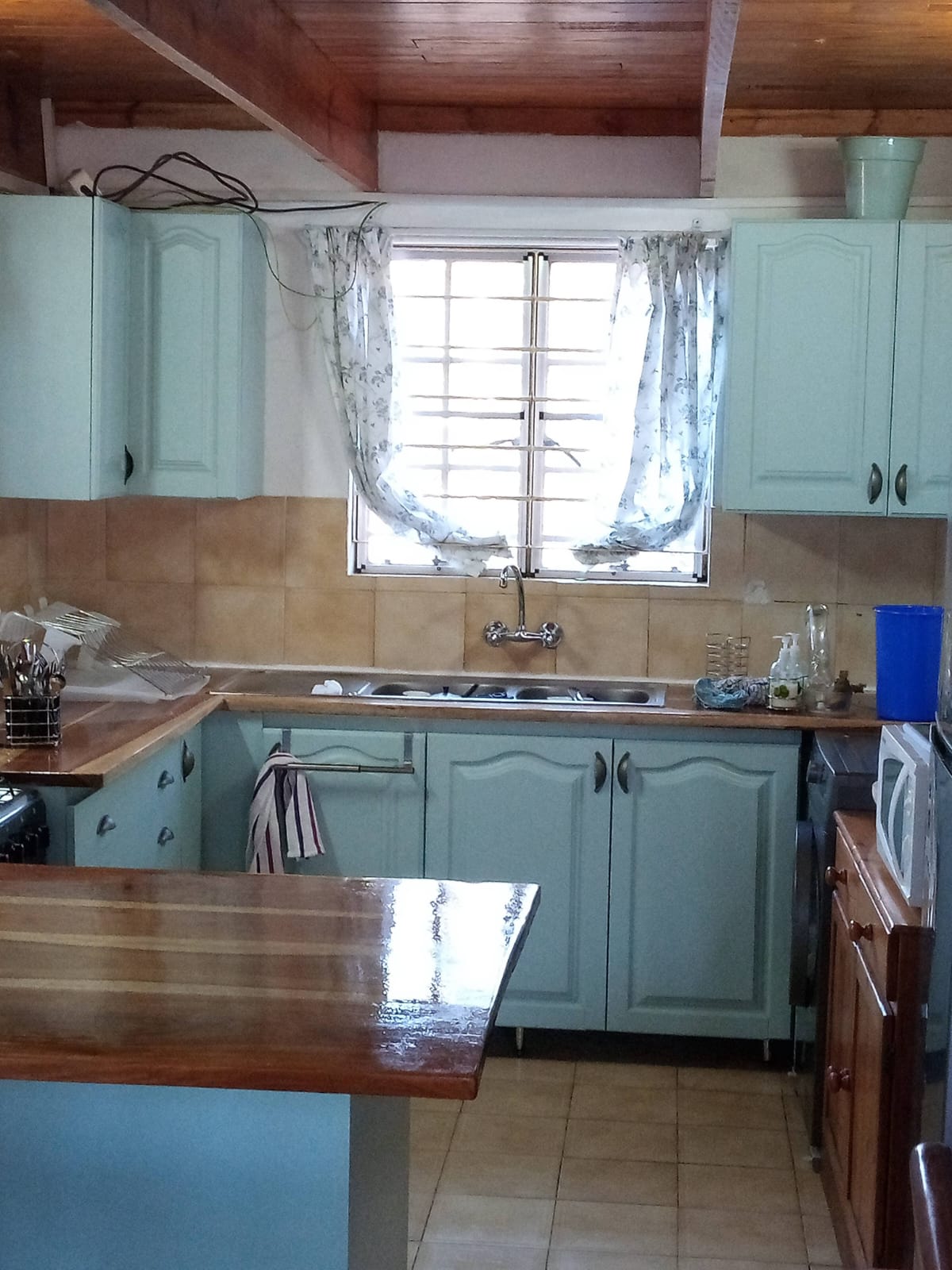 Cottage kitchen with soft mint-green cabinets and wood countertops