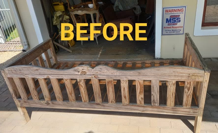 Before restoration - weathered sun-damaged daybed