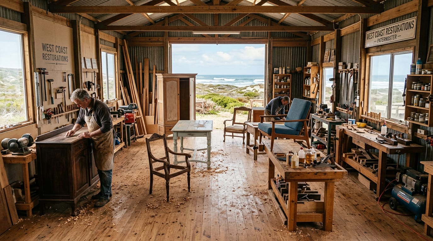 West Coast furniture restoration workshop with coastal view