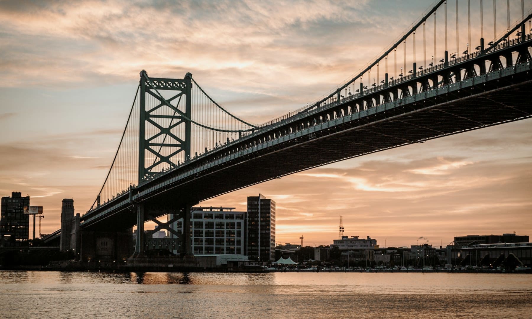 Ben Franklin Bridge over the Delaware River at sunset