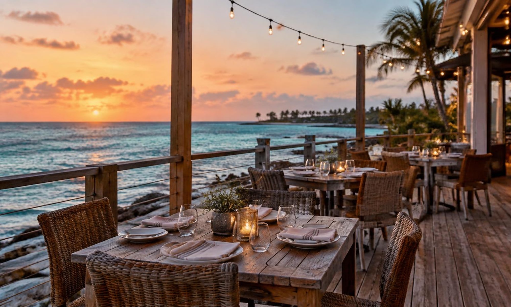 Gulf-front restaurant terrace with set tables and string lights at sunset