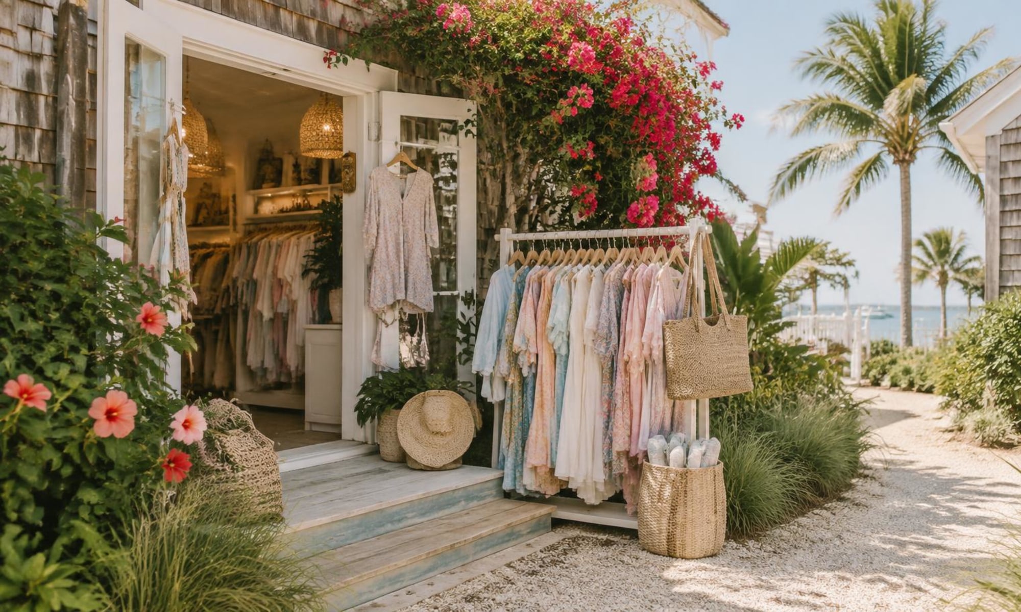 Coastal boutique cottage with resort wear displayed outside under bougainvillea