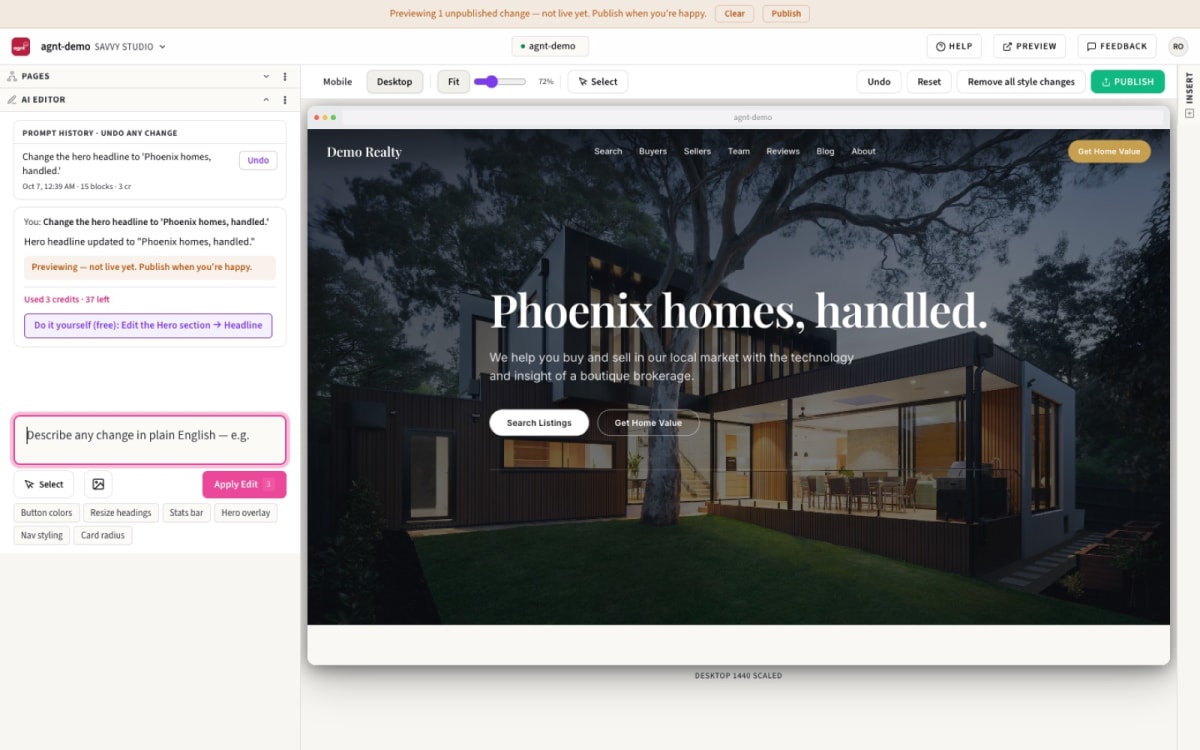 The Savvy Studio editor: a plain-English edit previewed on the sandbox site