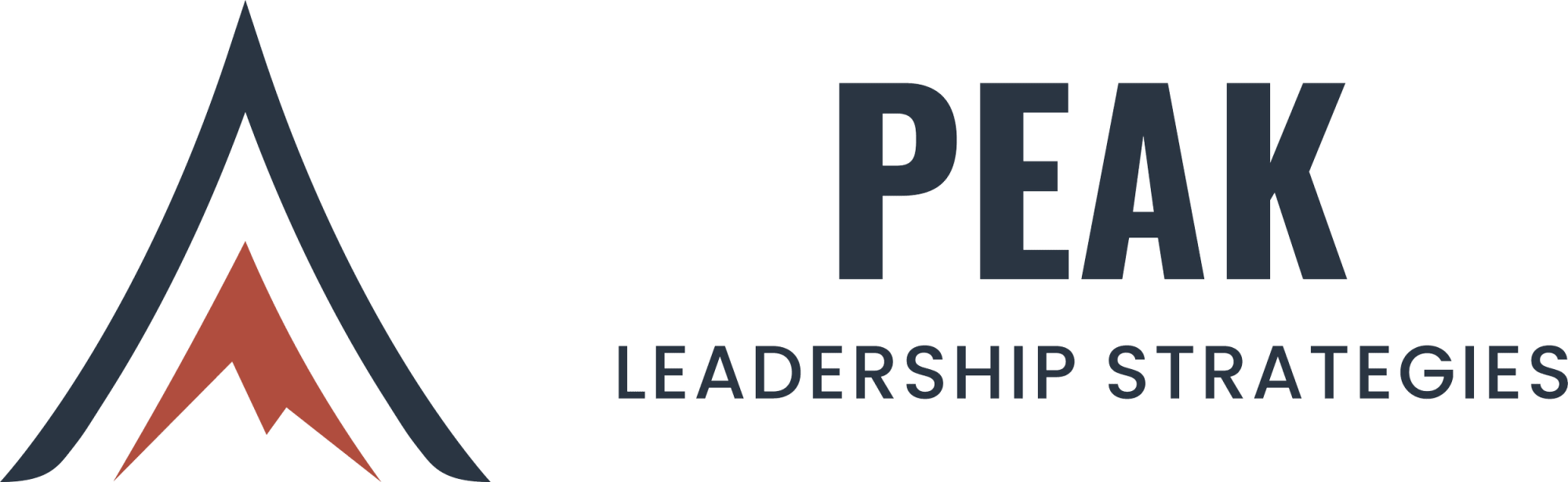 Logo for Peak Leadership Strategies featuring a stylized mountain peak with black, red, and gray colors and the text 'Peak Leadership Strategies'