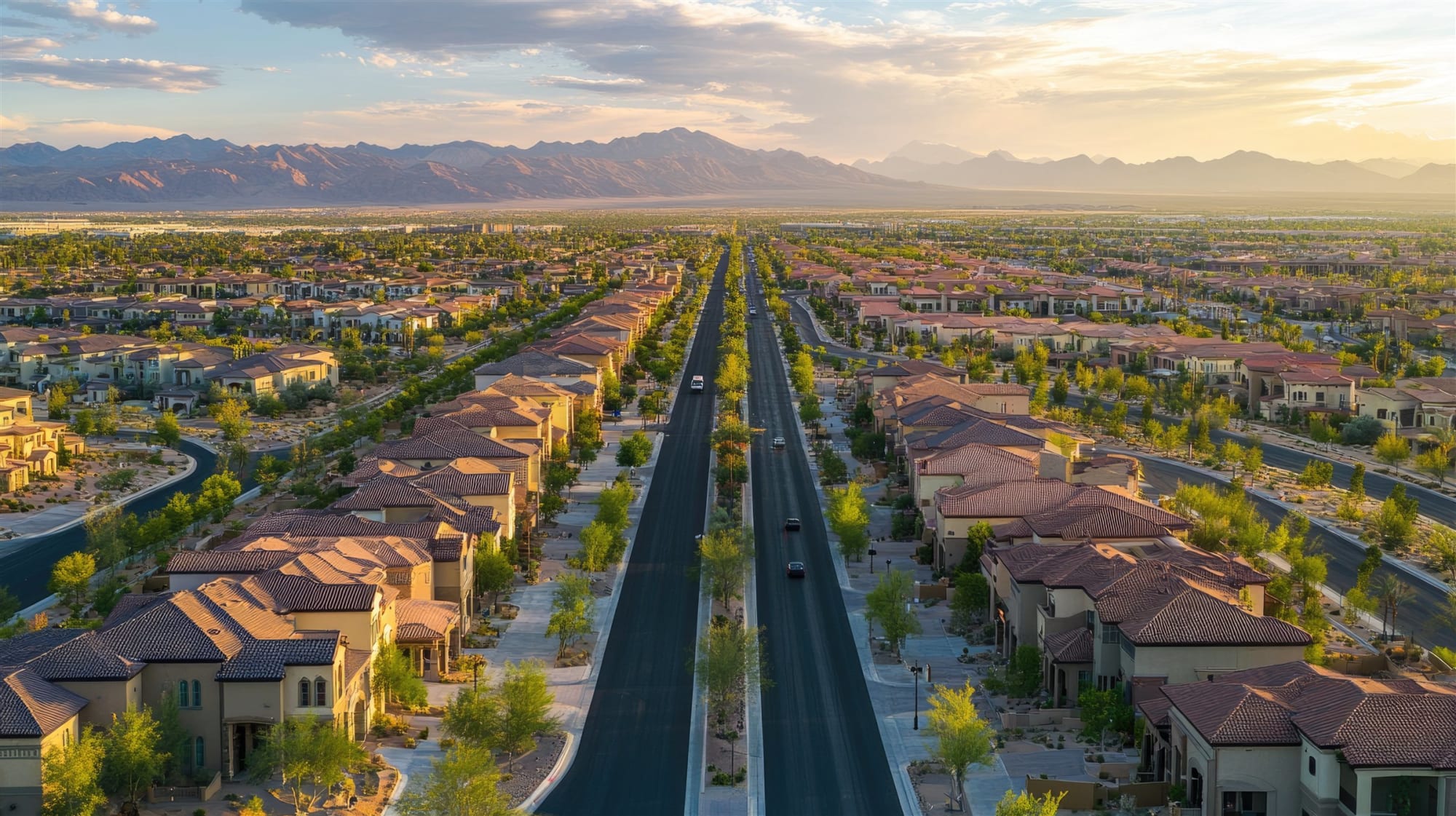 Aerial view of a tree-lined Las Vegas neighborhood with the mountains at sunset