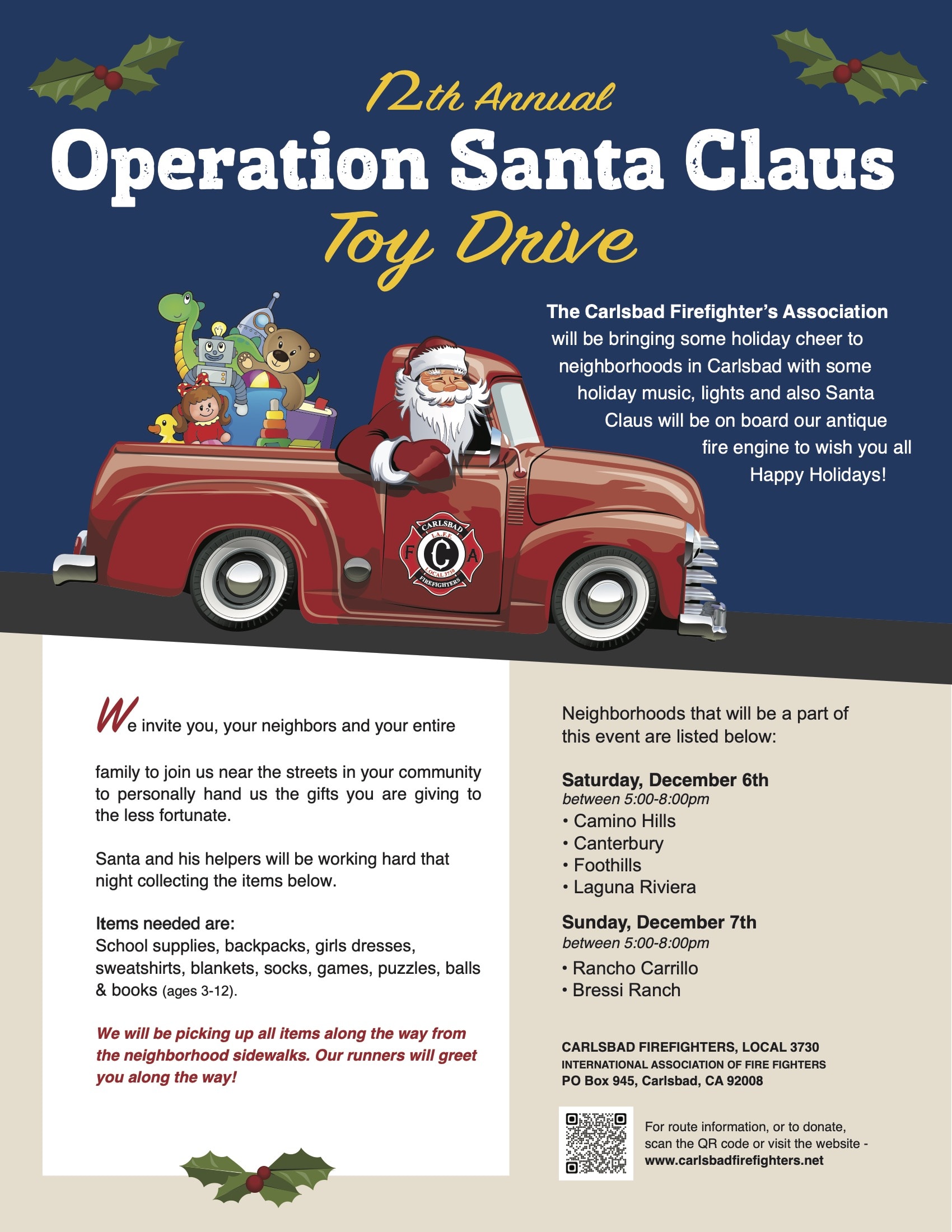 December 7th From 5 to 8 PM - 12th Annual Operation Santa Claus Toy Drive - Carlsbad Firefighter's Association