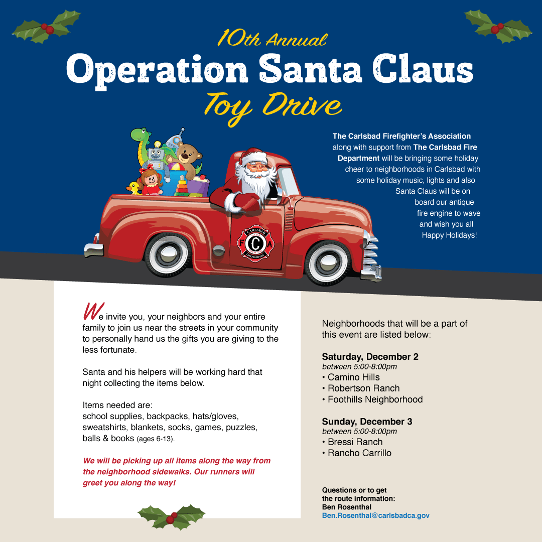 December 3rd From 5 to 8 PM - 10th Annual Operation Santa Claus Toy Drive - Carlsbad Firefighter's Association
