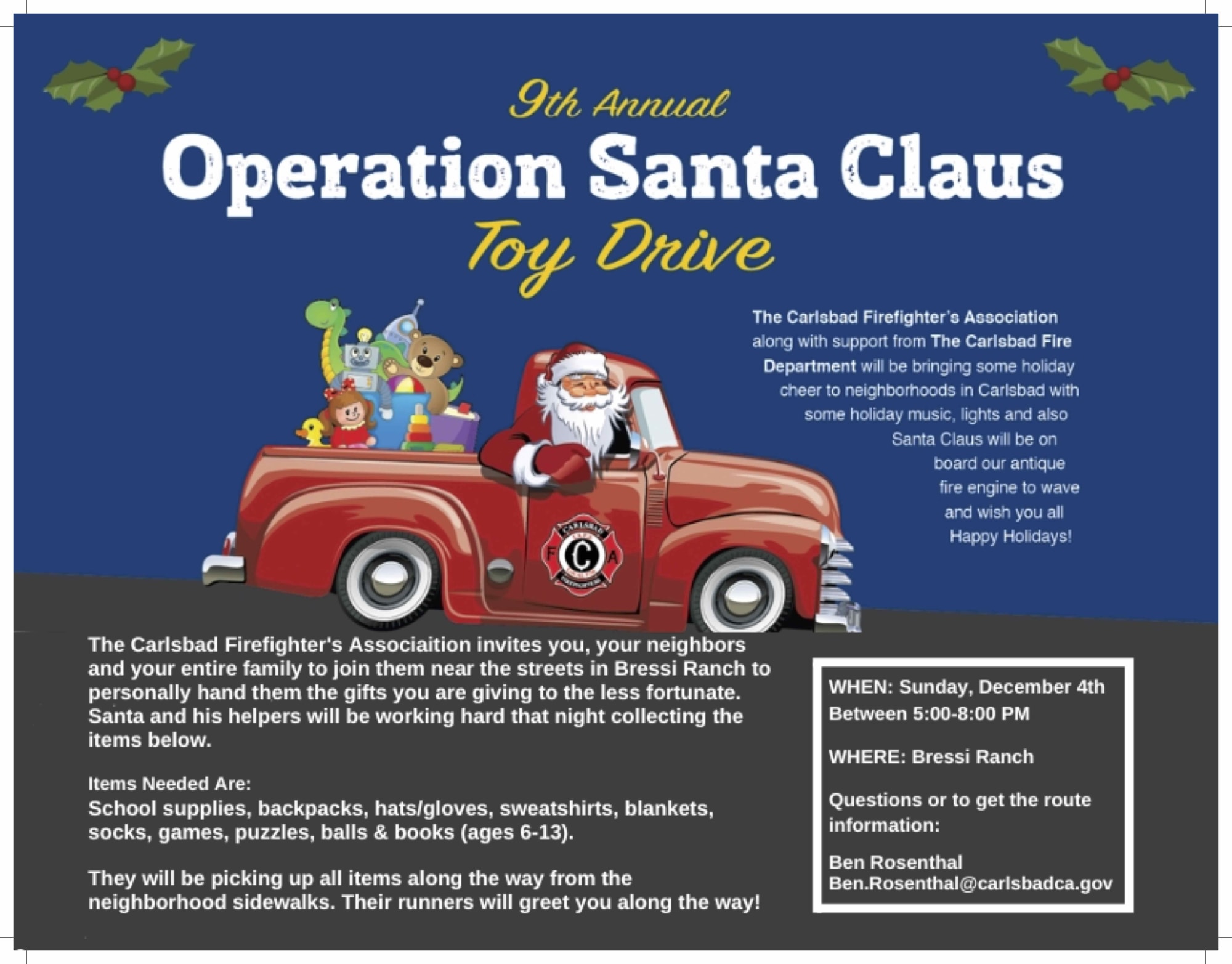 December 4th From 5 to 8 PM - 9th Annual Operation Santa Claus Toy Drive - Carlsbad Firefighter's Association