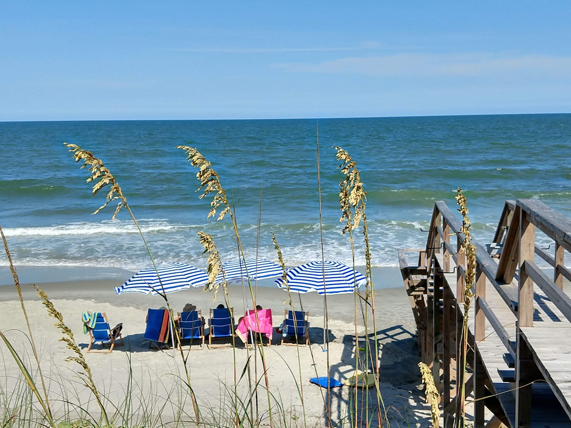 Beach chairs and umbrellas beyond the sea oats on Pawleys Island, SC