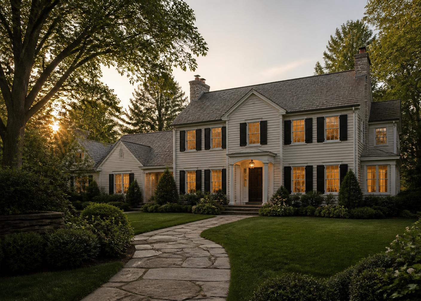 A classic Westchester colonial home at golden hour