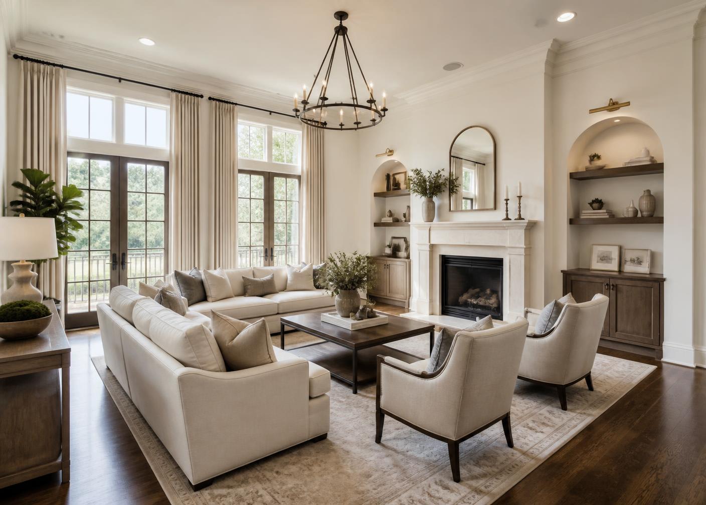 An elegant staged living room prepared for listing photography
