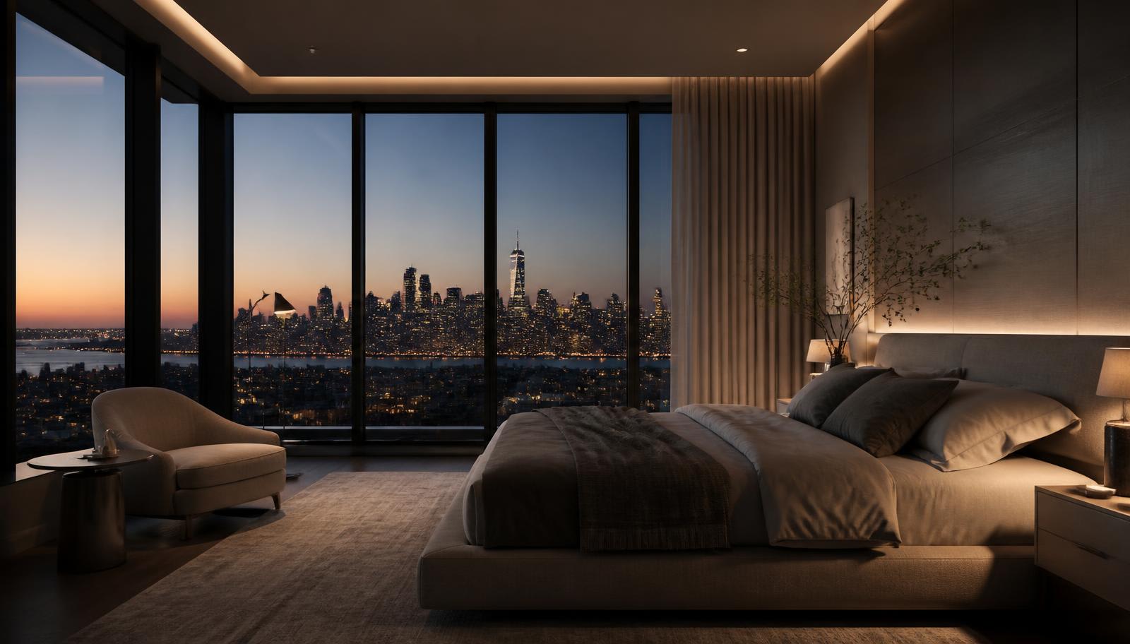 A serene bedroom overlooking the Manhattan skyline at dusk
