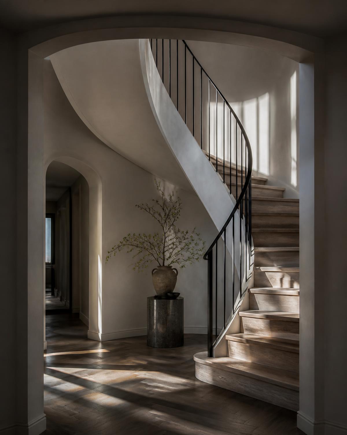 A curved staircase and entry hall with dramatic side light