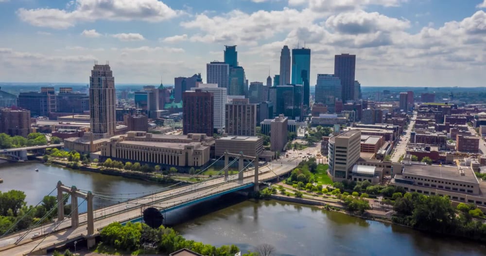 Aerial view of downtown Minneapolis and the Mississippi River