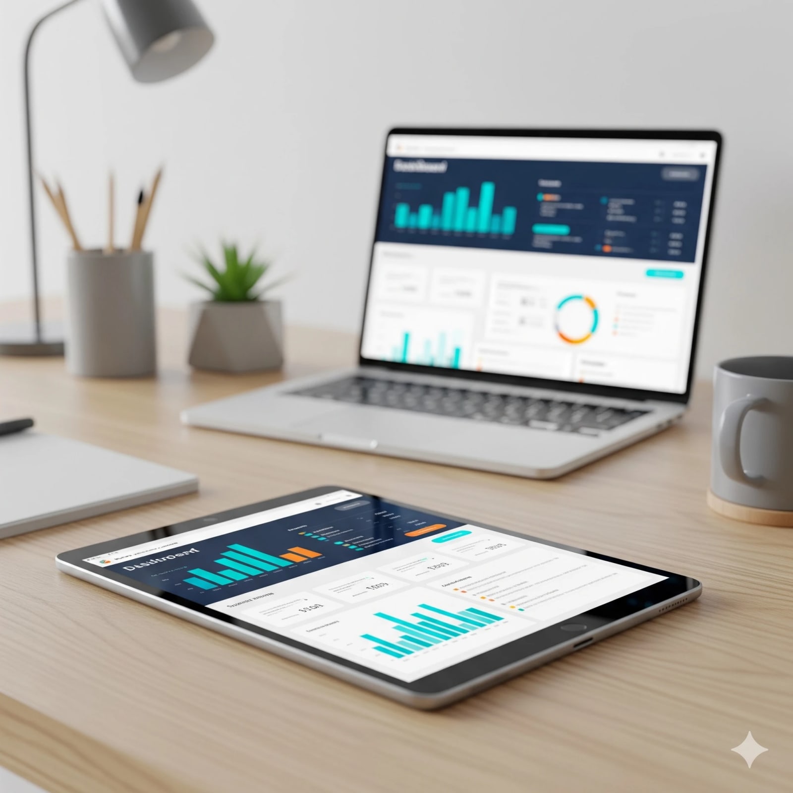Ordinateur portable et tablette affichant un tableau de bord d’indicateurs, sur un bureau en bois