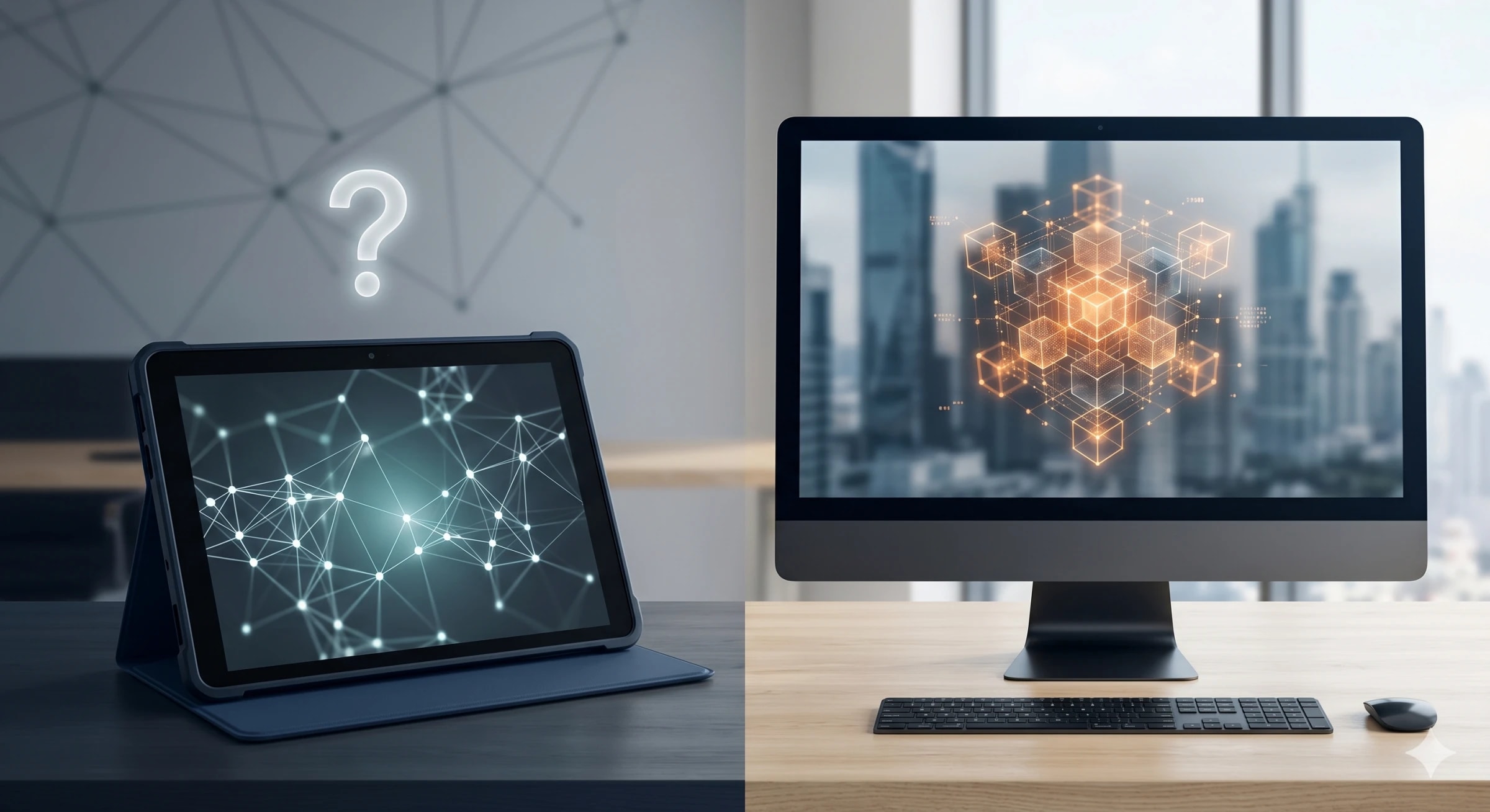Tablette affichant un réseau de points sous un point d’interrogation, à côté d’un écran montrant une structure de cubes lumineux