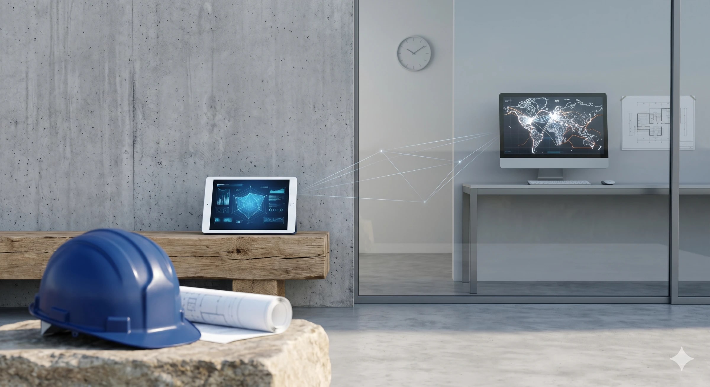 Terrain ↔ Bureau : Le pont digital pour booster votre efficacité Casque de chantier et plans posés devant une tablette de données, un poste de travail visible derrière une paroi vitrée