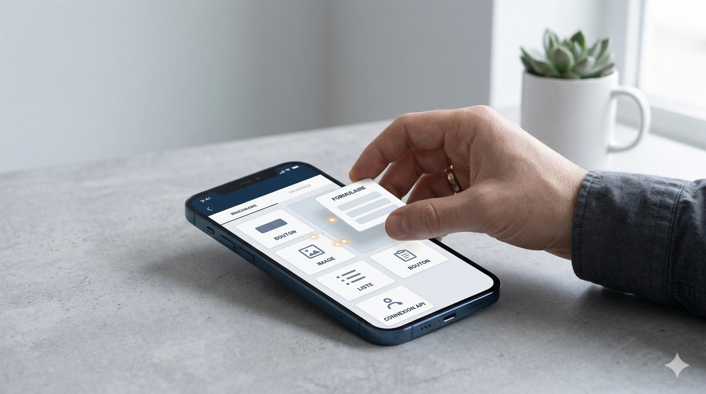 Main qui compose l’écran d’une application mobile à partir de blocs : bouton, image, liste, formulaire