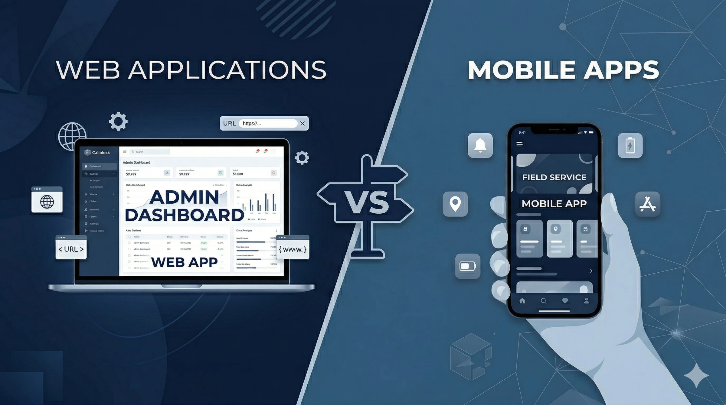 Illustration opposant une application web, tableau de bord sur ordinateur, et une application mobile de terrain sur smartphone