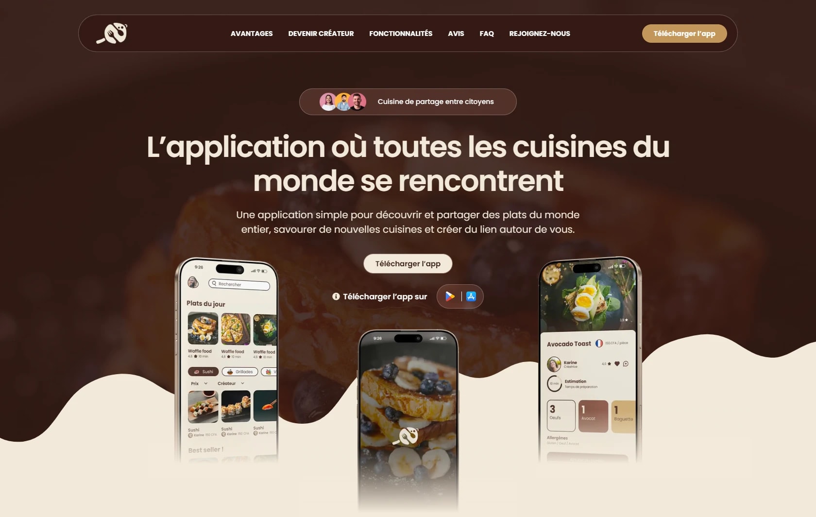 Deux écrans de l’application Délices du monde : les plats du jour avec leurs filtres, et la commande d’un plat avec heure de retrait et allergènes