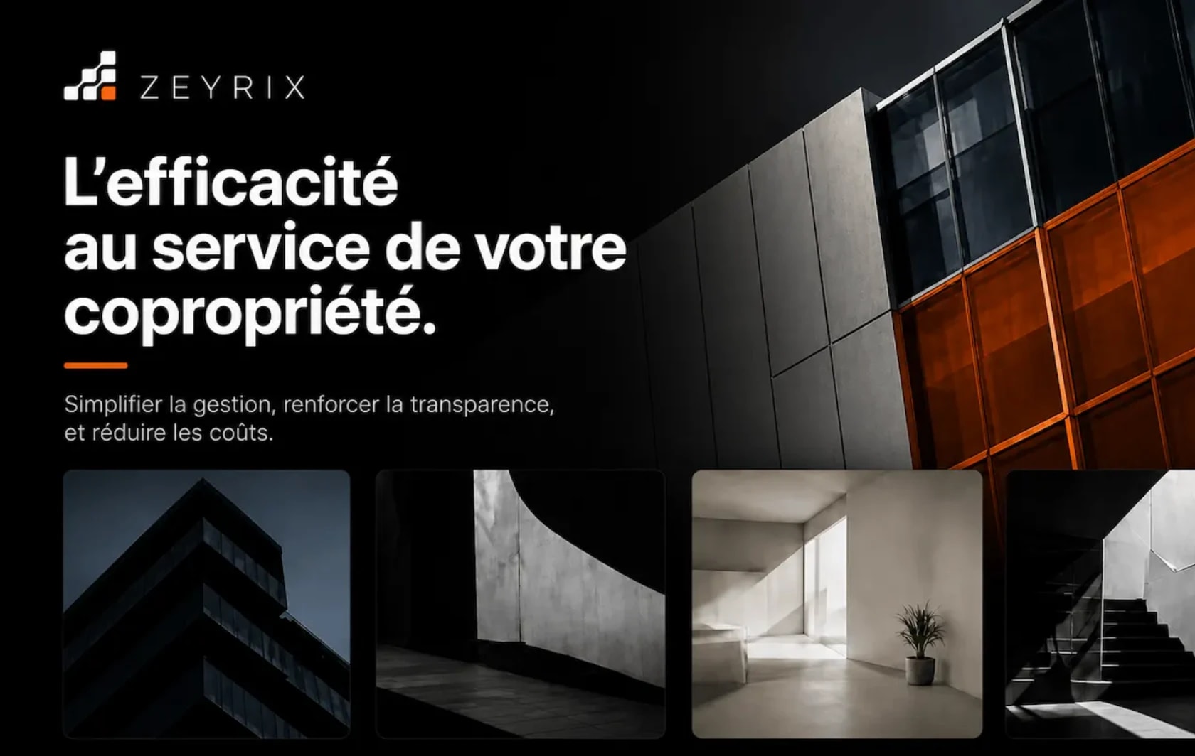 Trois écrans de l’application Zeyrix : calendrier des assemblées générales, solde et prochaine assemblée, accueil de la copropriété