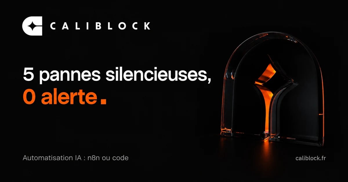 Le titre « 5 pannes silencieuses, 0 alerte » en blanc et orange, à côté du cristal noir éclairé de l'intérieur, emblème de Caliblock.