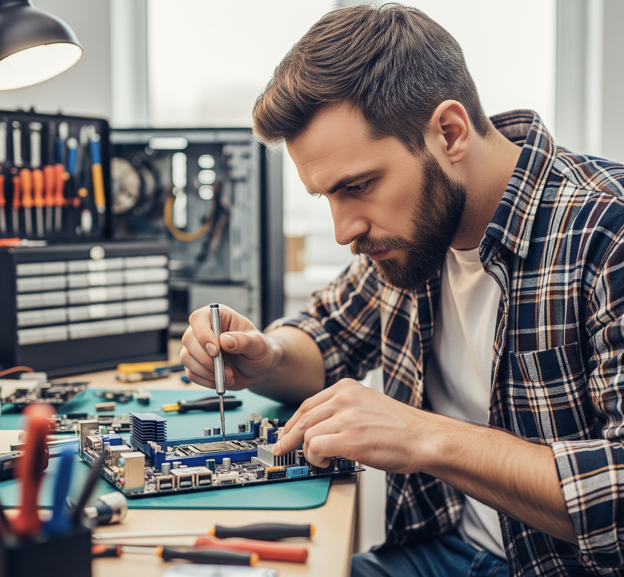 Technician repairing a laptop motherboard