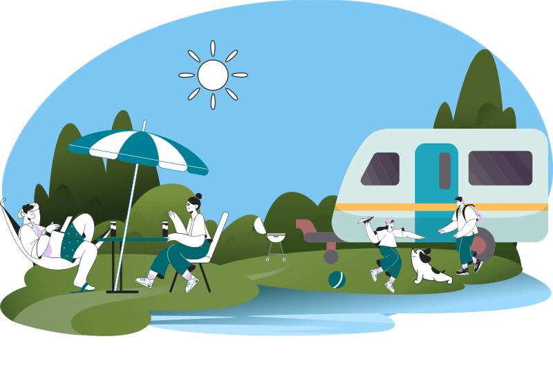 Familia disfrutando del alquiler de una caravana fija en camping