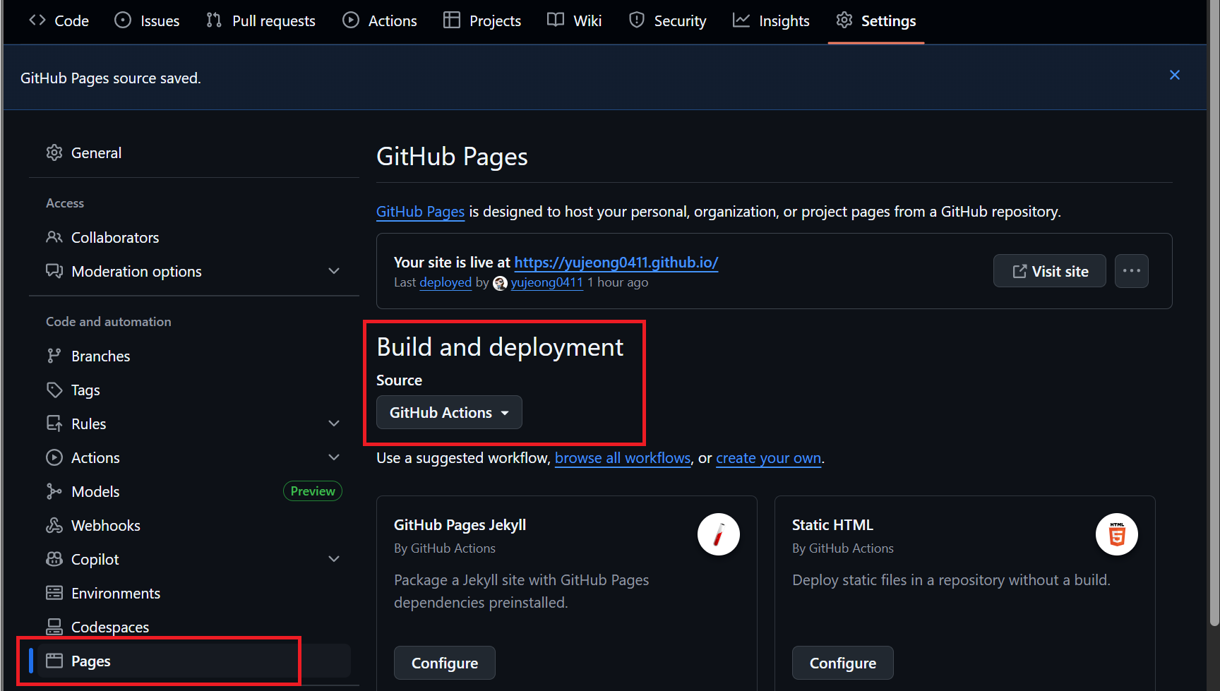 GitHub Pages에서 Source를 GitHub Actions로 설정하는 방법
