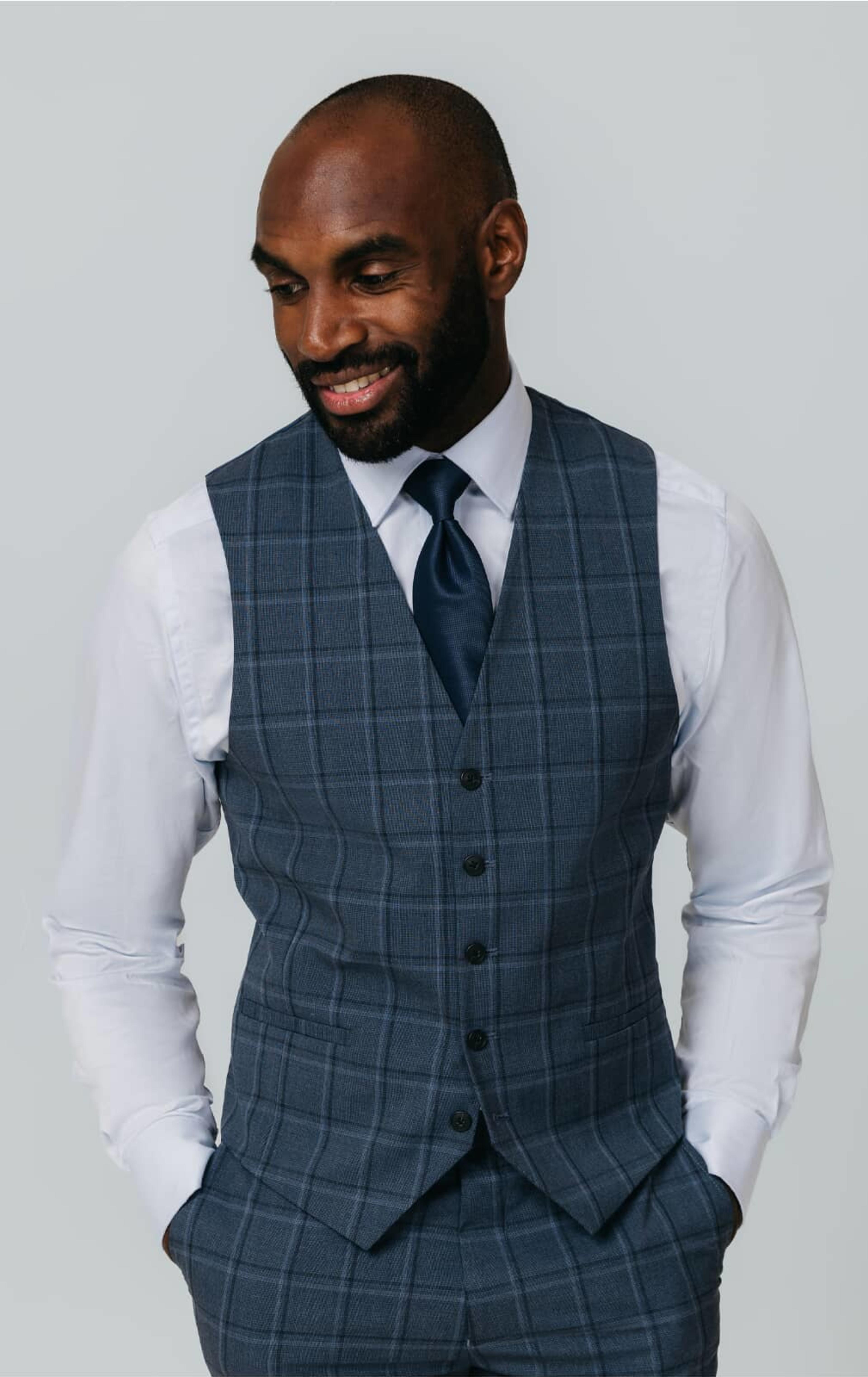 Blue Bold Windowpane Check Waistcoat