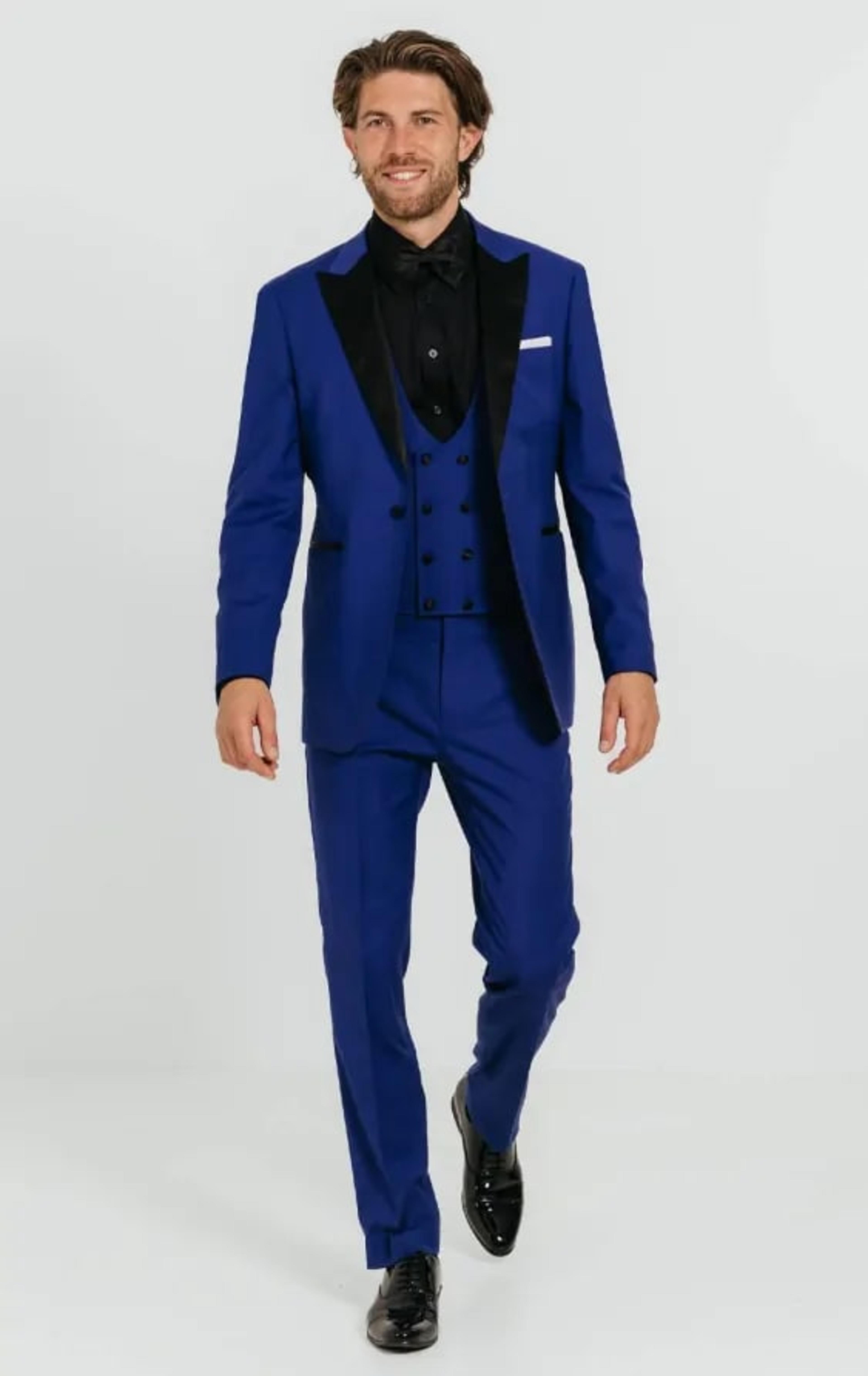 Bright Blue 3 Piece Tuxedo with Peak Lapel thumbnail 3