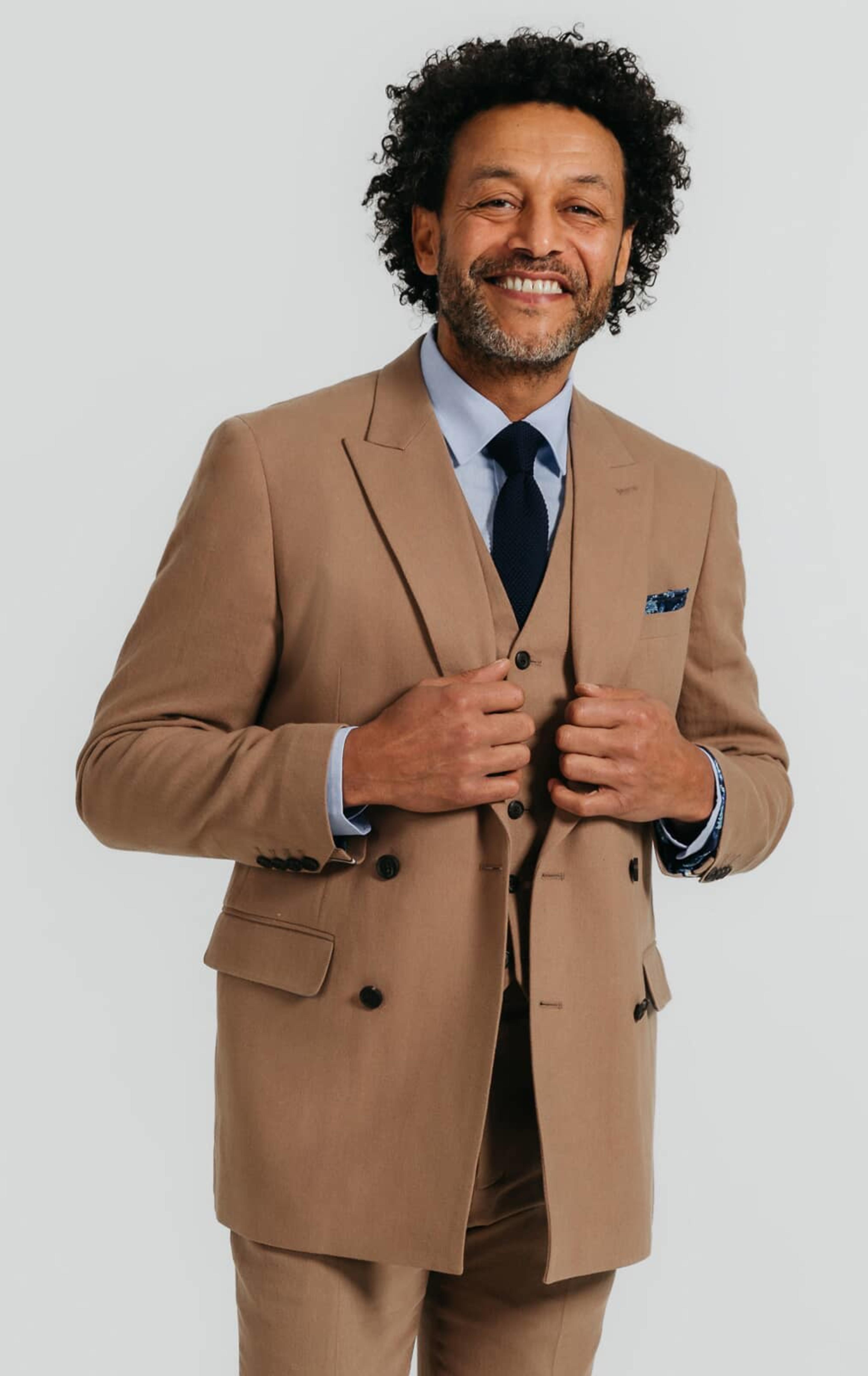 Brown Linen Twill Double Breasted 3 Piece Suit with Peak Lapel primary image