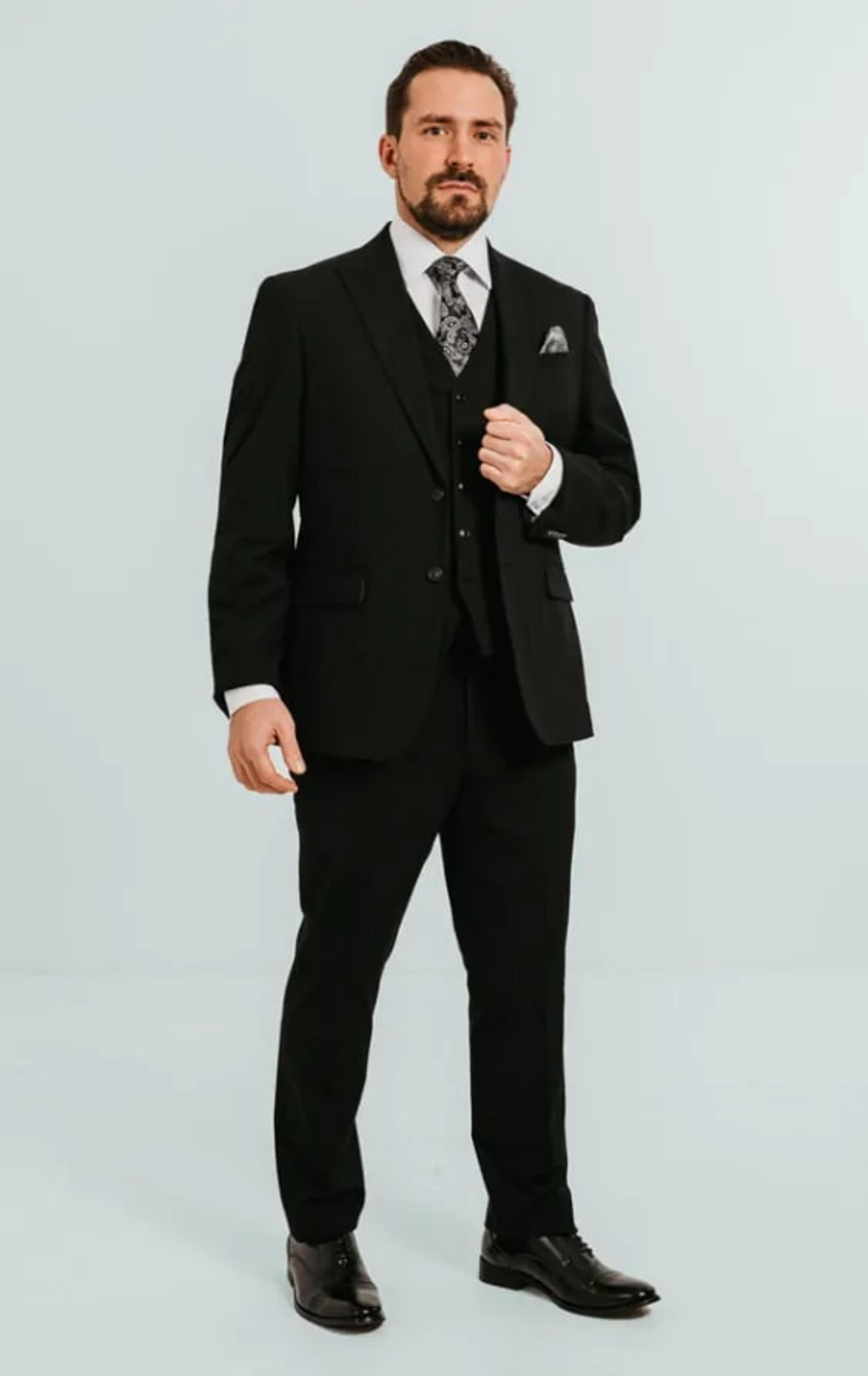 Dobell Black 3 Piece Suit with Peak Lapel thumbnail 3