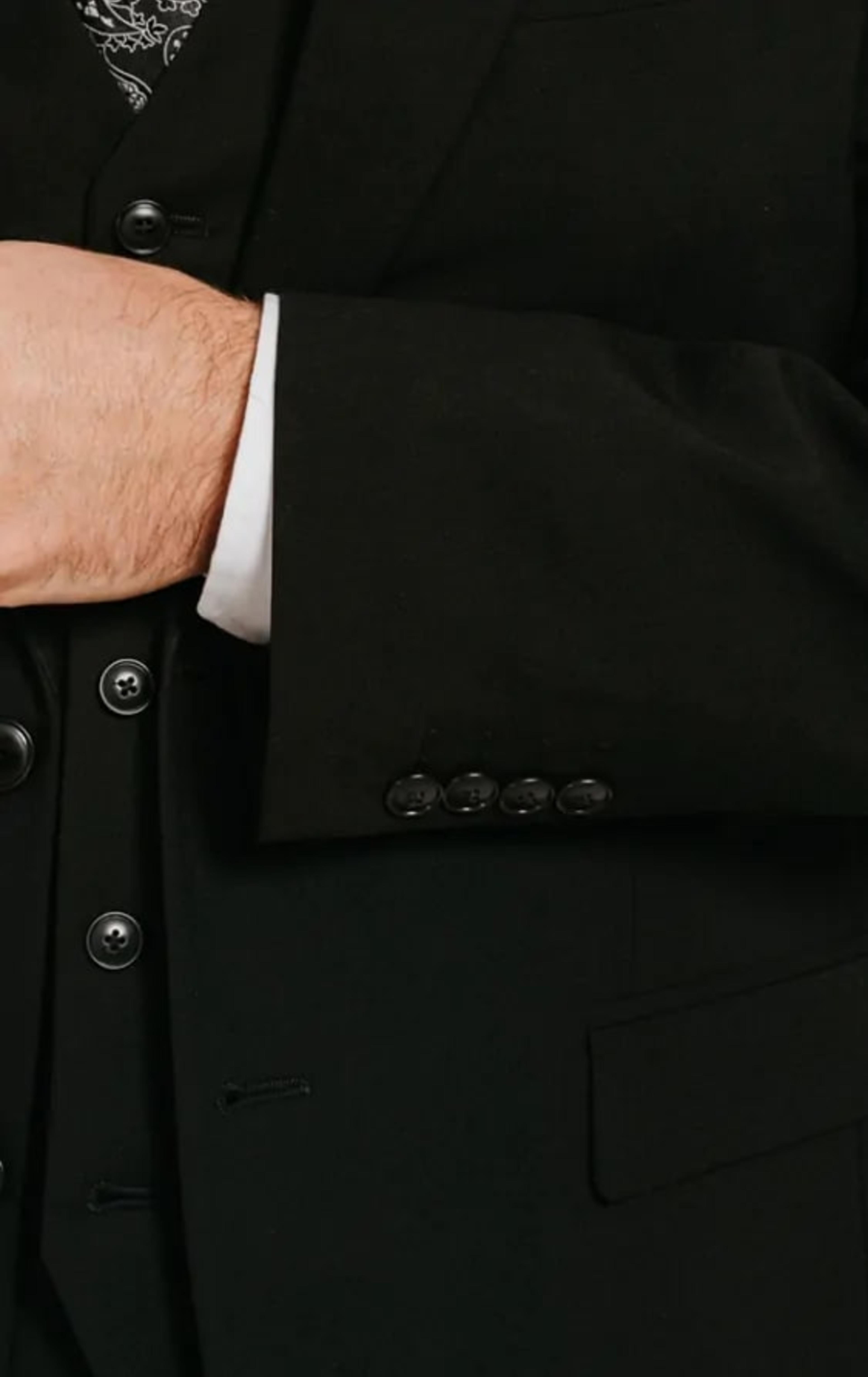 Dobell Black 3 Piece Suit with Peak Lapel thumbnail 5