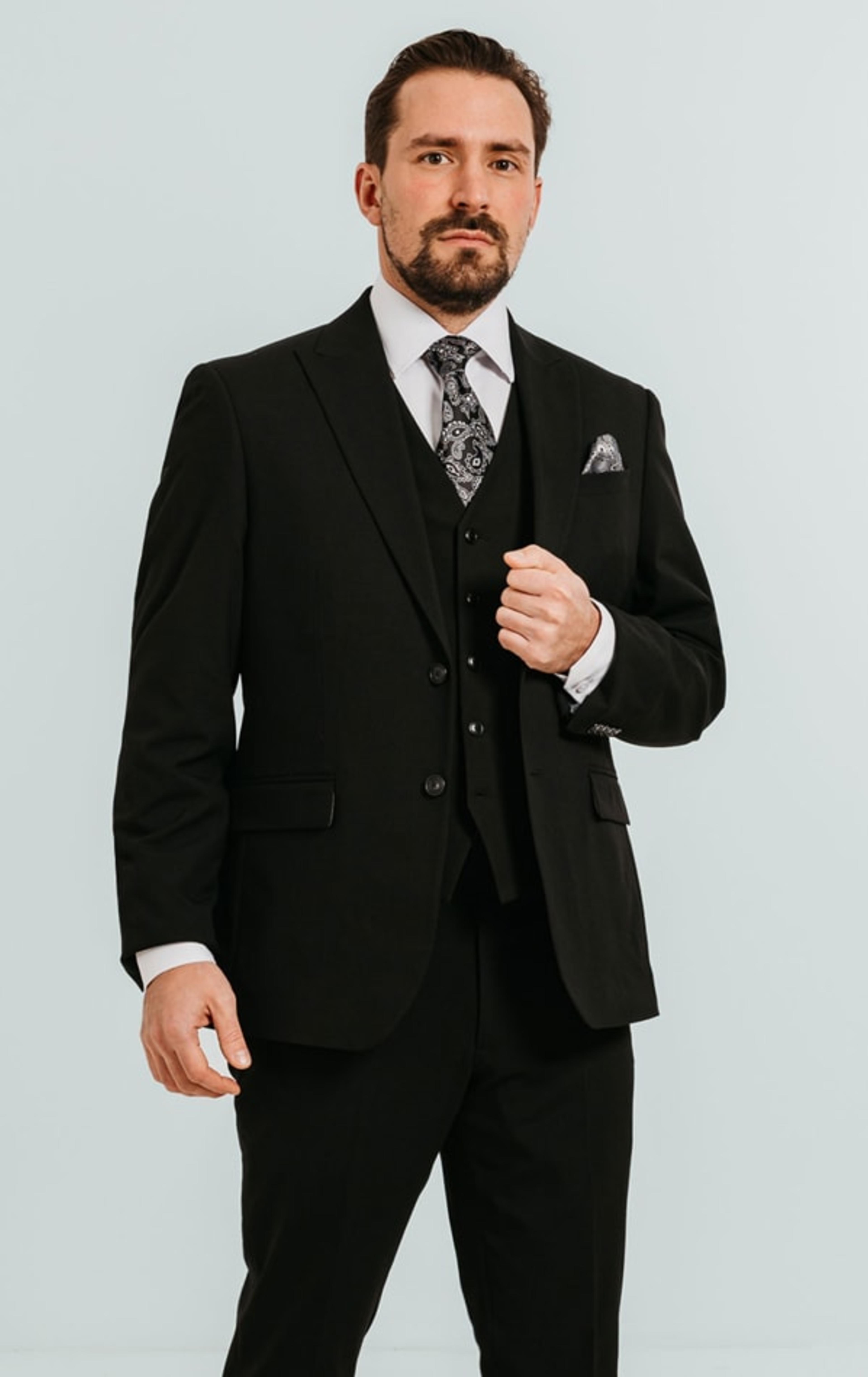 Dobell Black 3 Piece Suit with Peak Lapel primary image