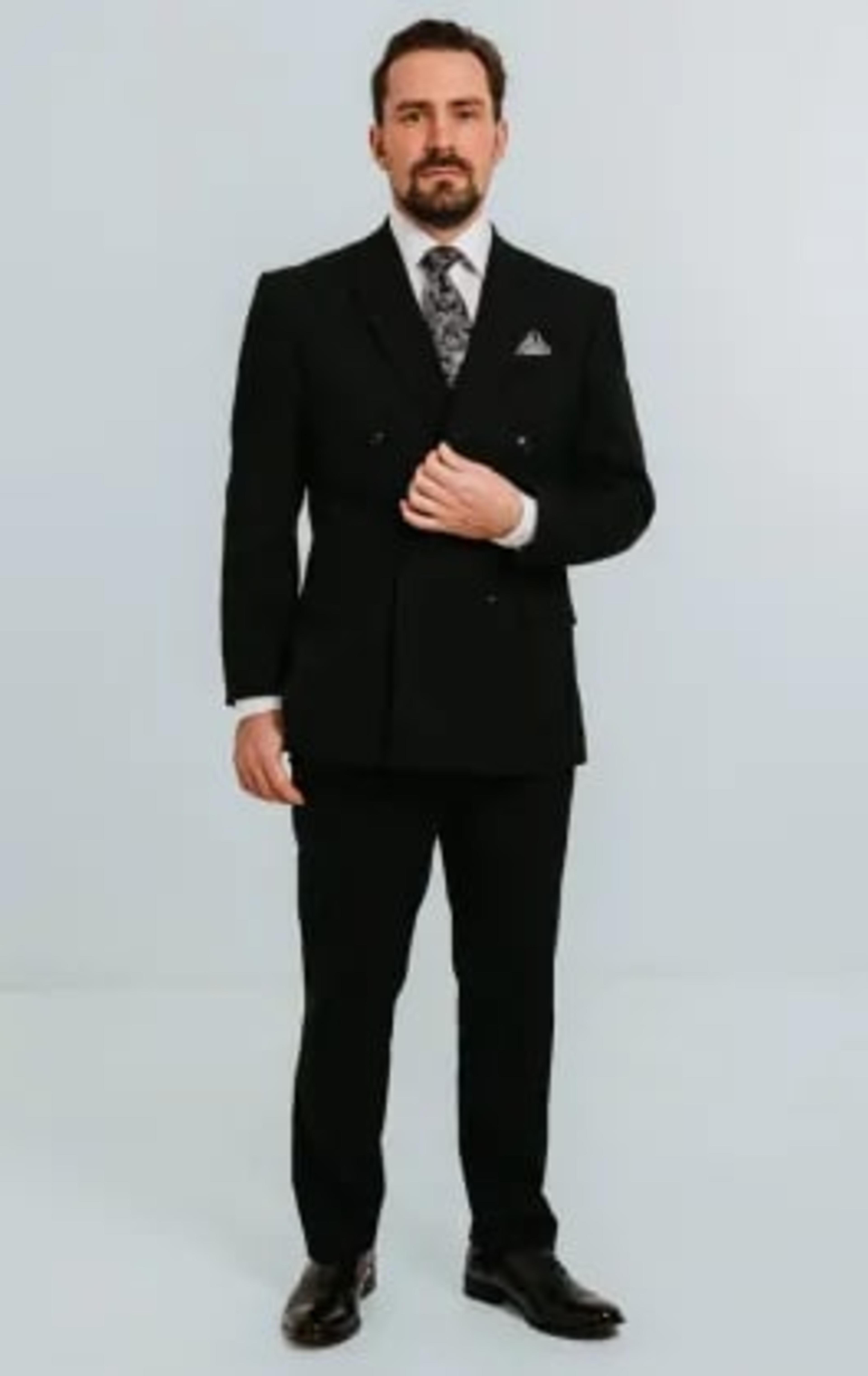 Dobell Black Double Breasted Suit with Peak Lapel thumbnail 3