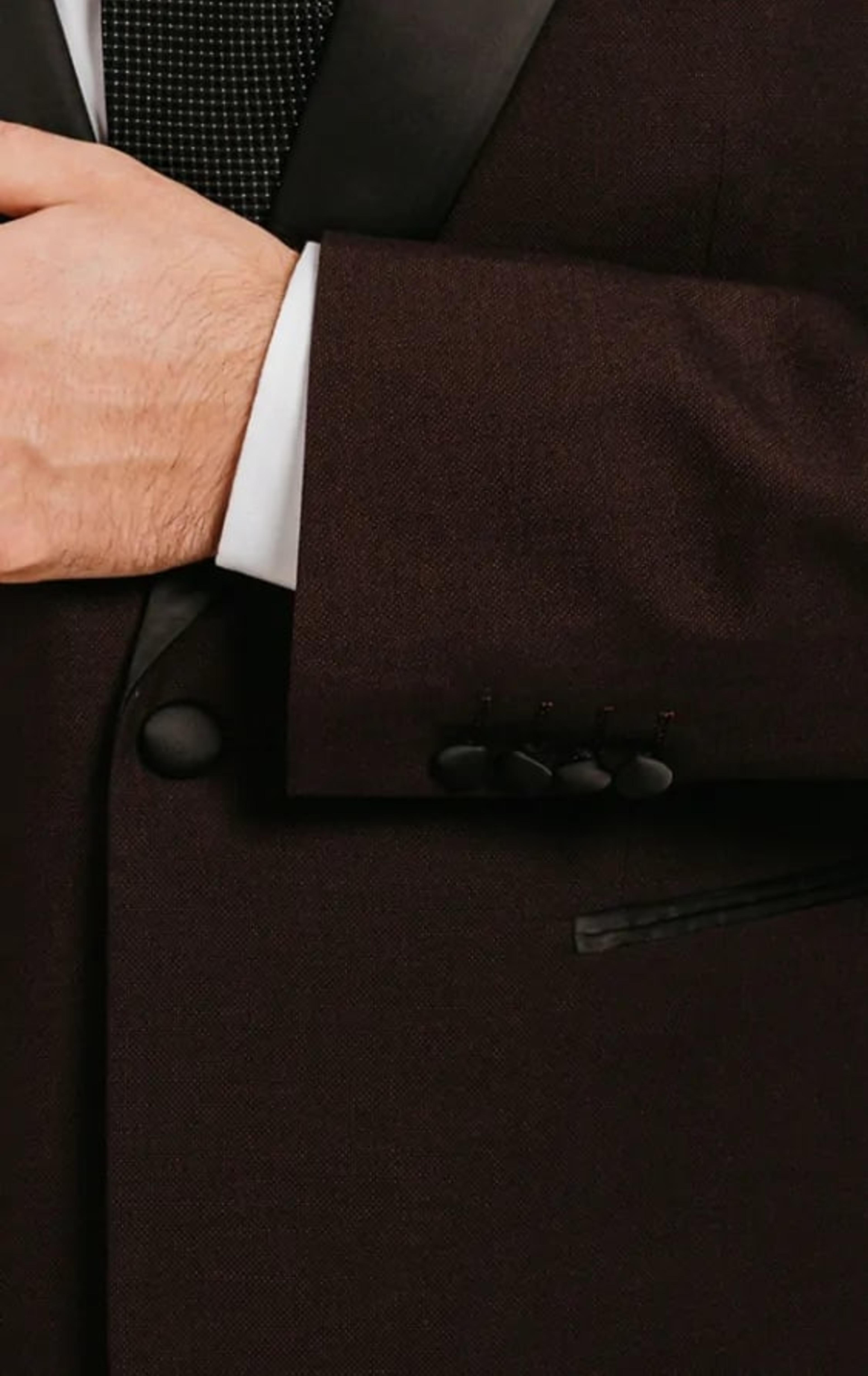 Dobell Burgundy Tuxedo with Peak Lapel & Black Trousers thumbnail 5