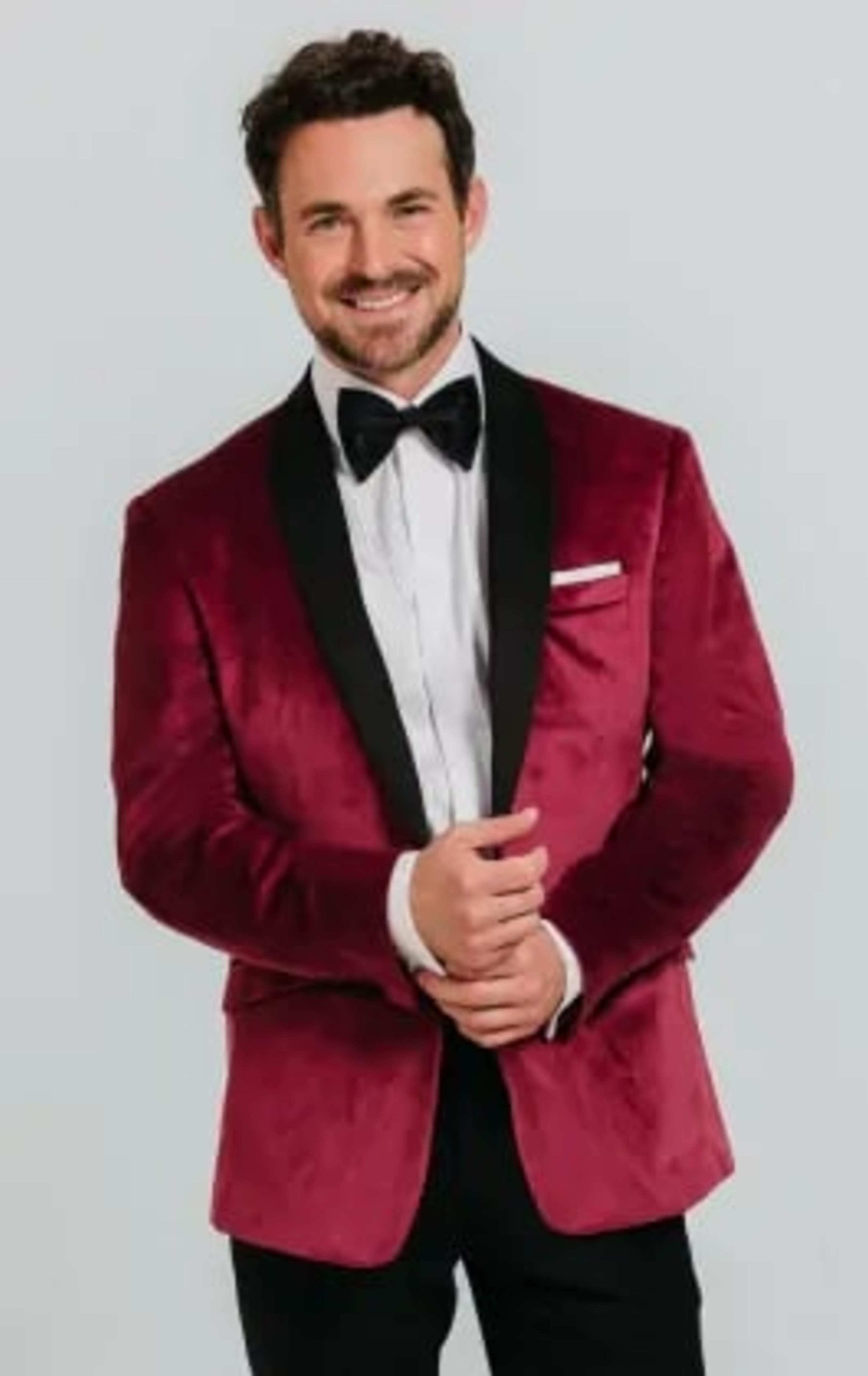 Dobell Burgundy Velvet Tuxedo with Black Trousers thumbnail 2