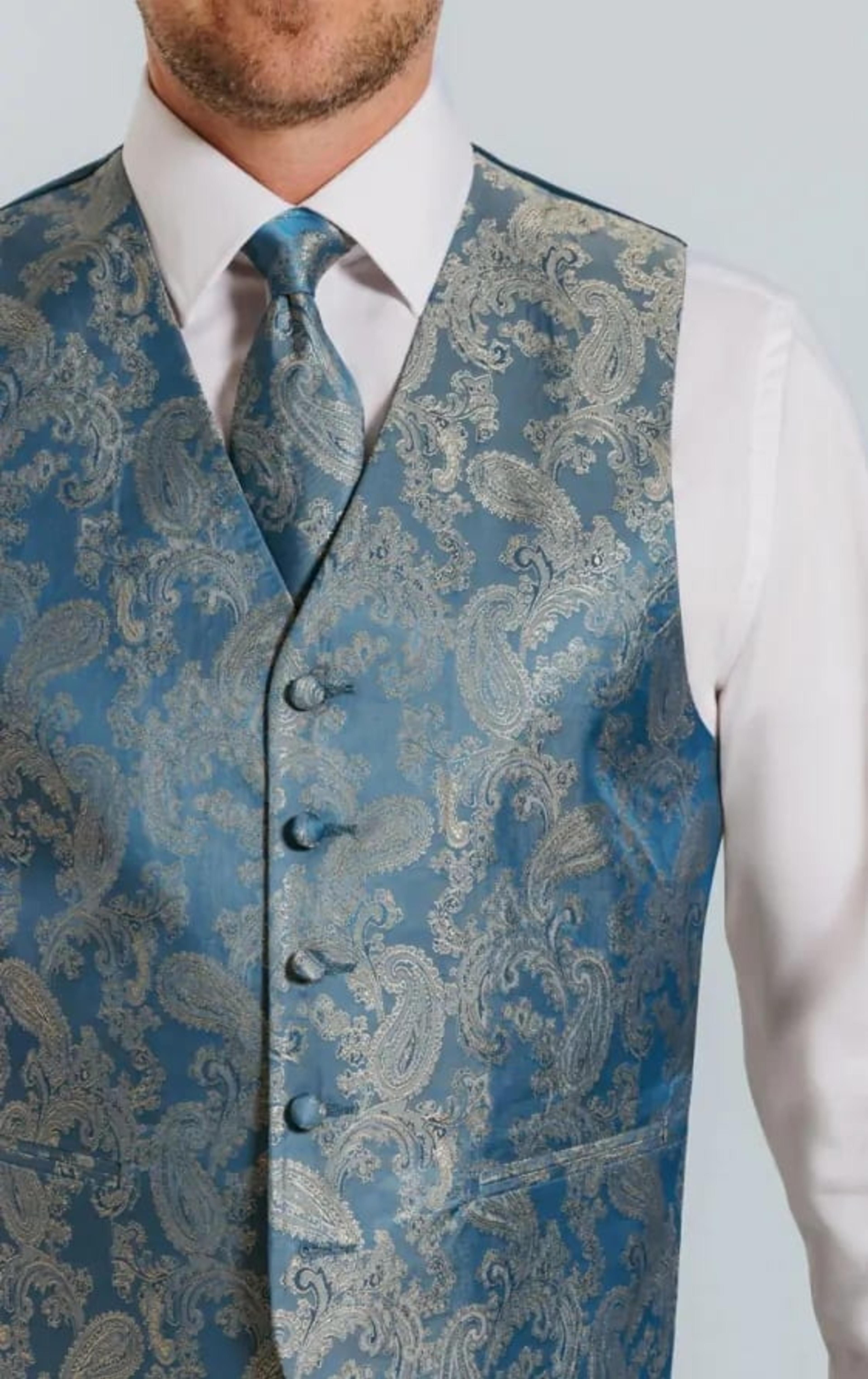 Dobell Duck Egg Blue Paisley Waistcoat thumbnail 8