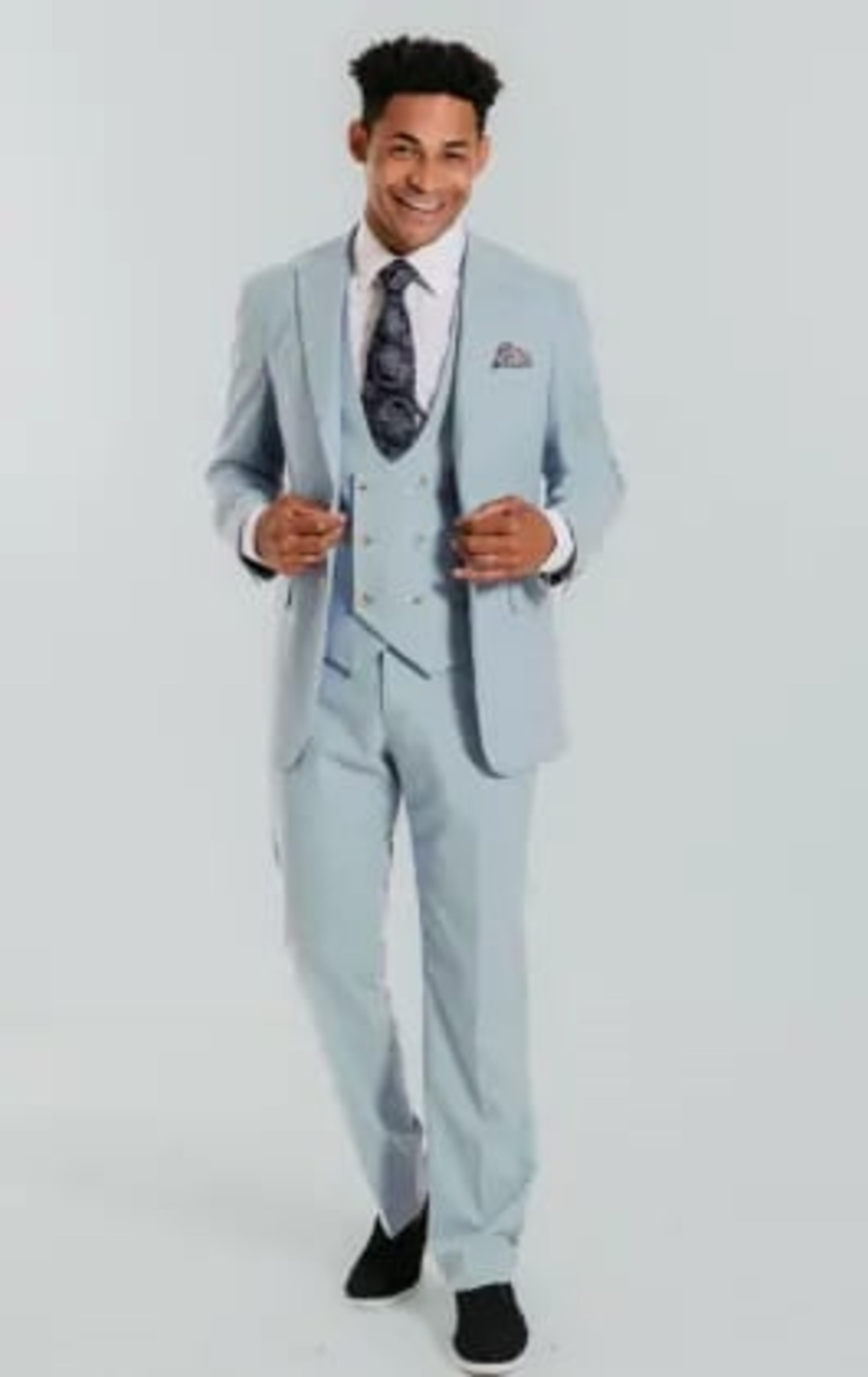 Dobell Light Blue 3 Piece Suit with Peak Lapel thumbnail 3