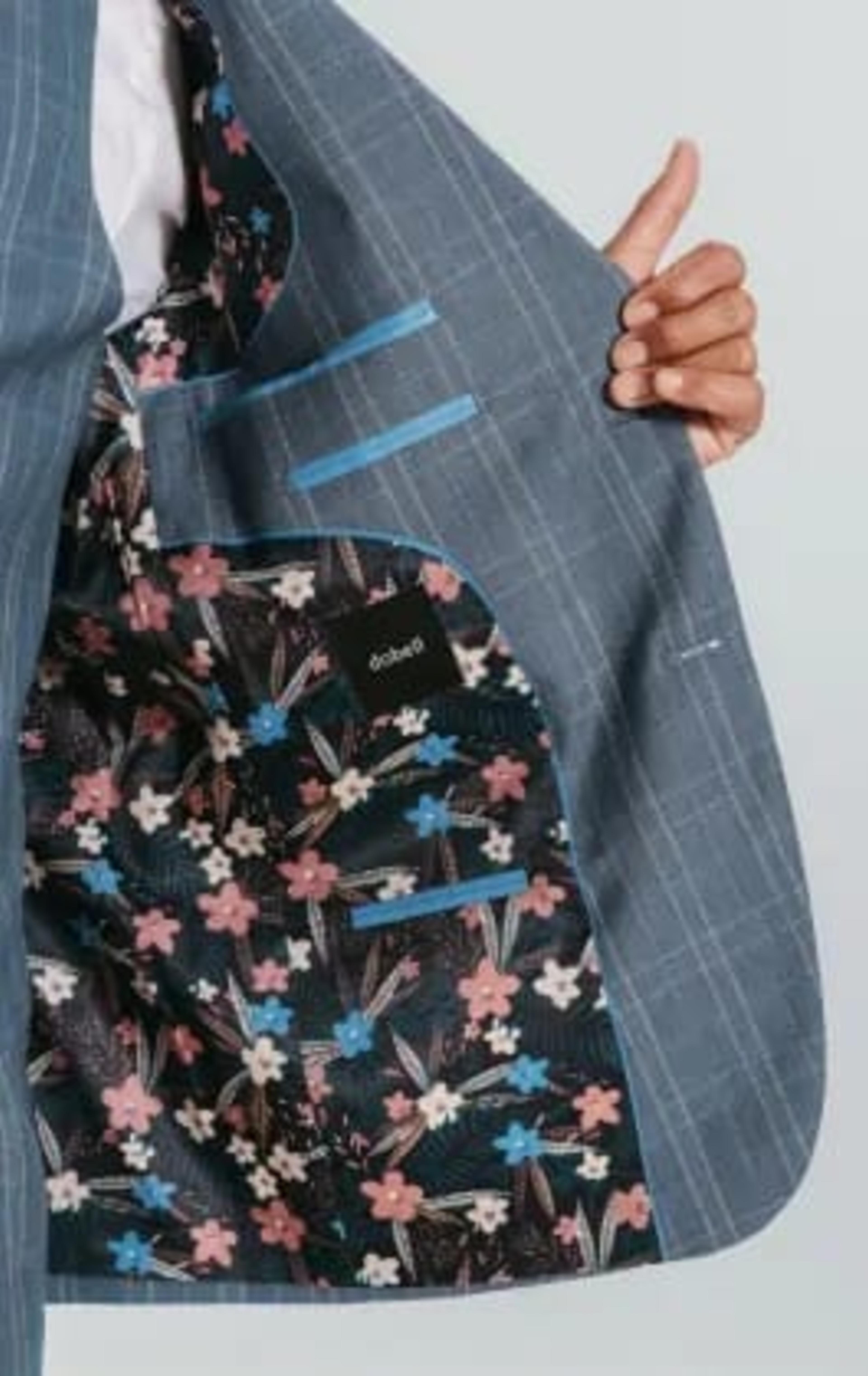 Dobell Light Blue Check Suit Jacket with Peak Lapel thumbnail 6