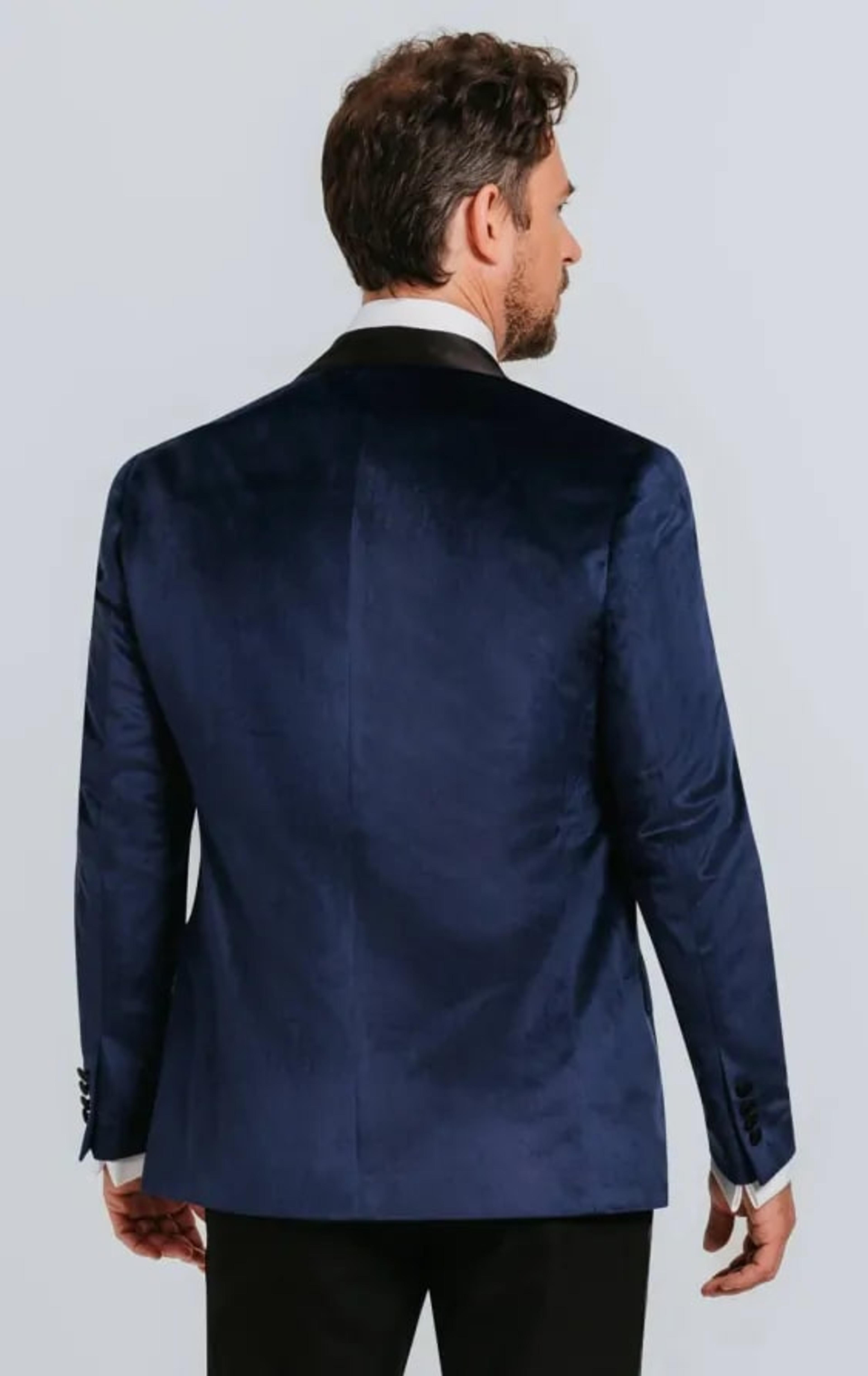 Dobell Navy Velvet Slim Fit Tuxedo with Black Trousers thumbnail 4