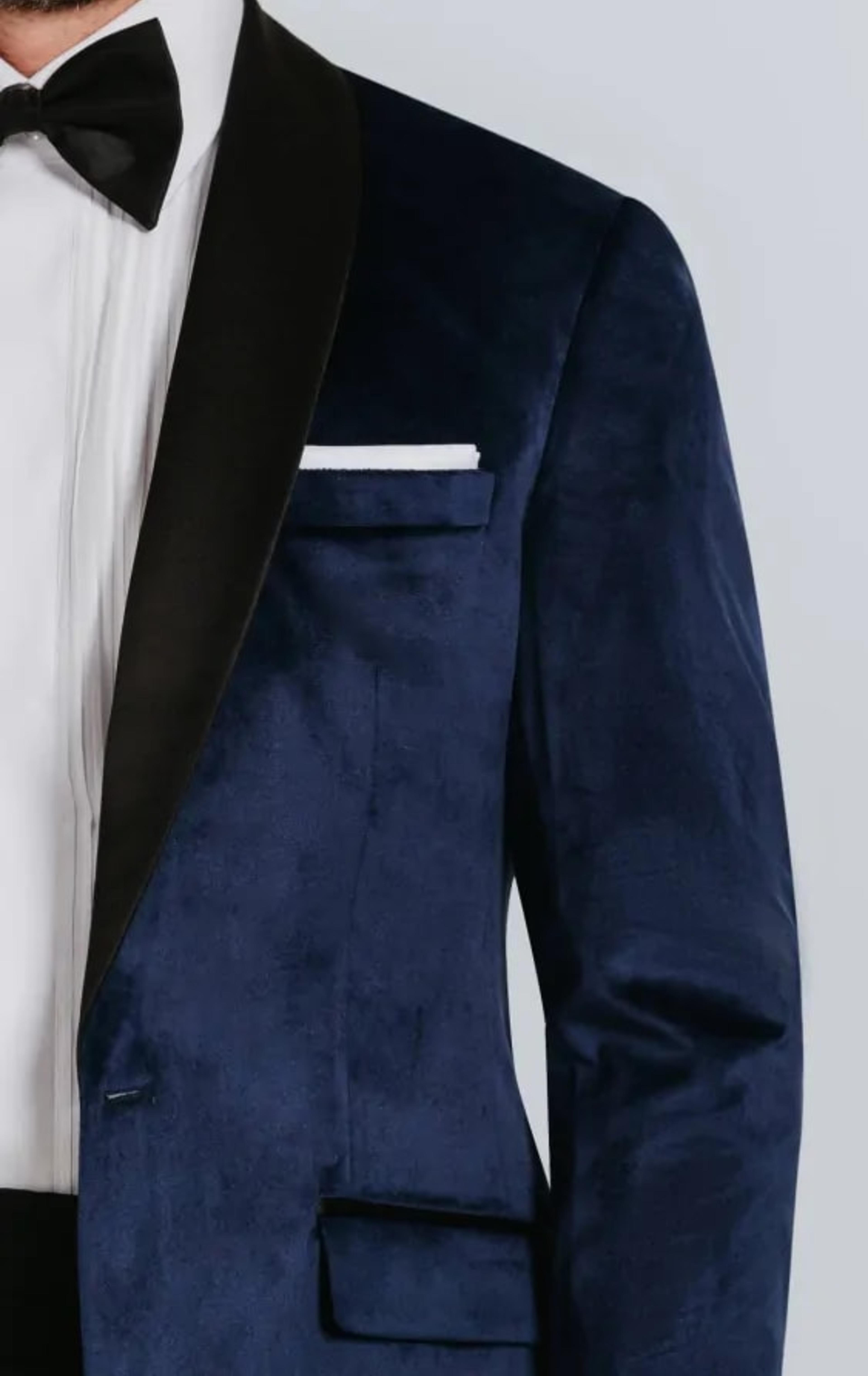 Dobell Navy Velvet Slim Fit Tuxedo with Black Trousers thumbnail 6