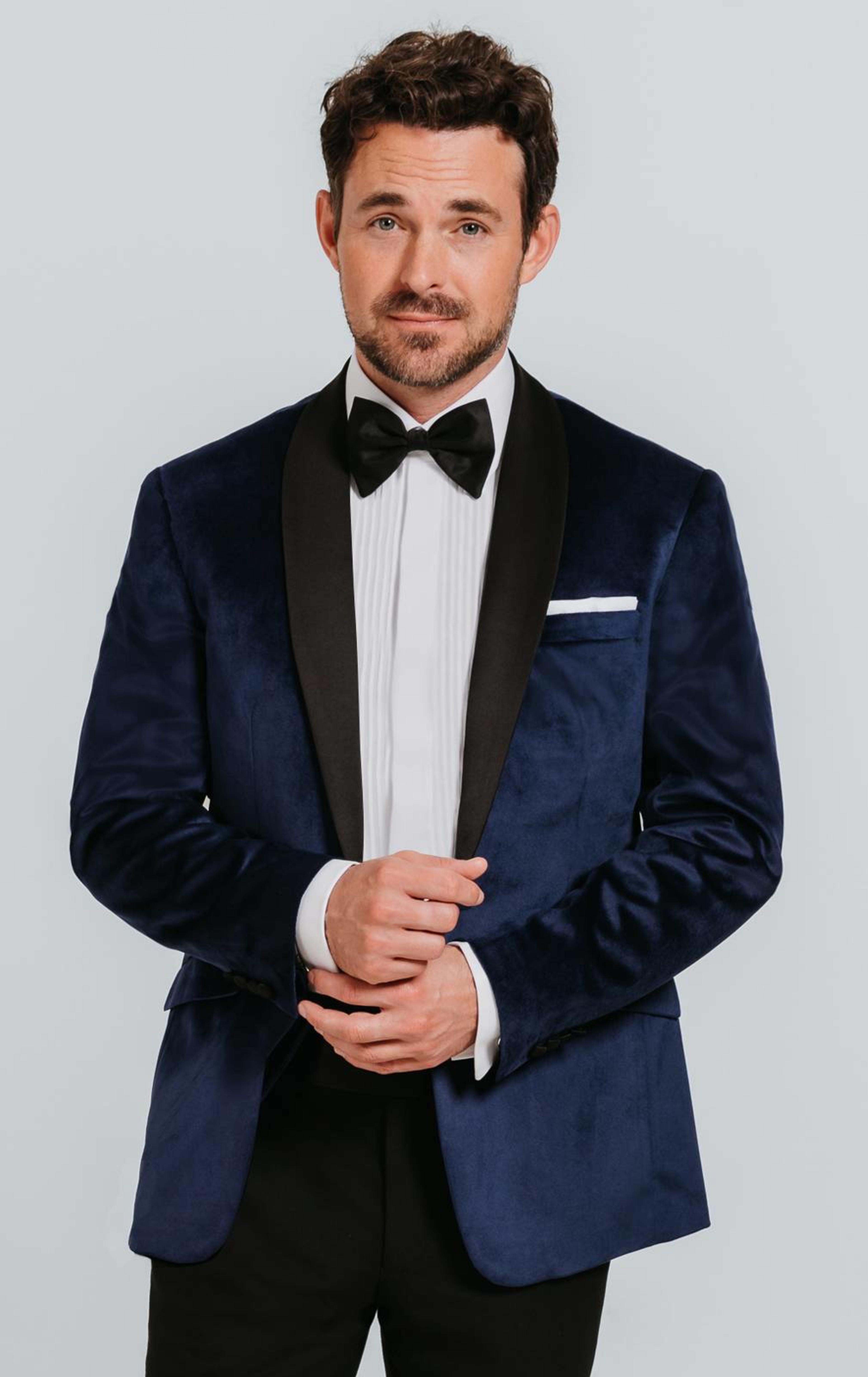 Dobell Navy Velvet Tuxedo with Black Trousers primary image