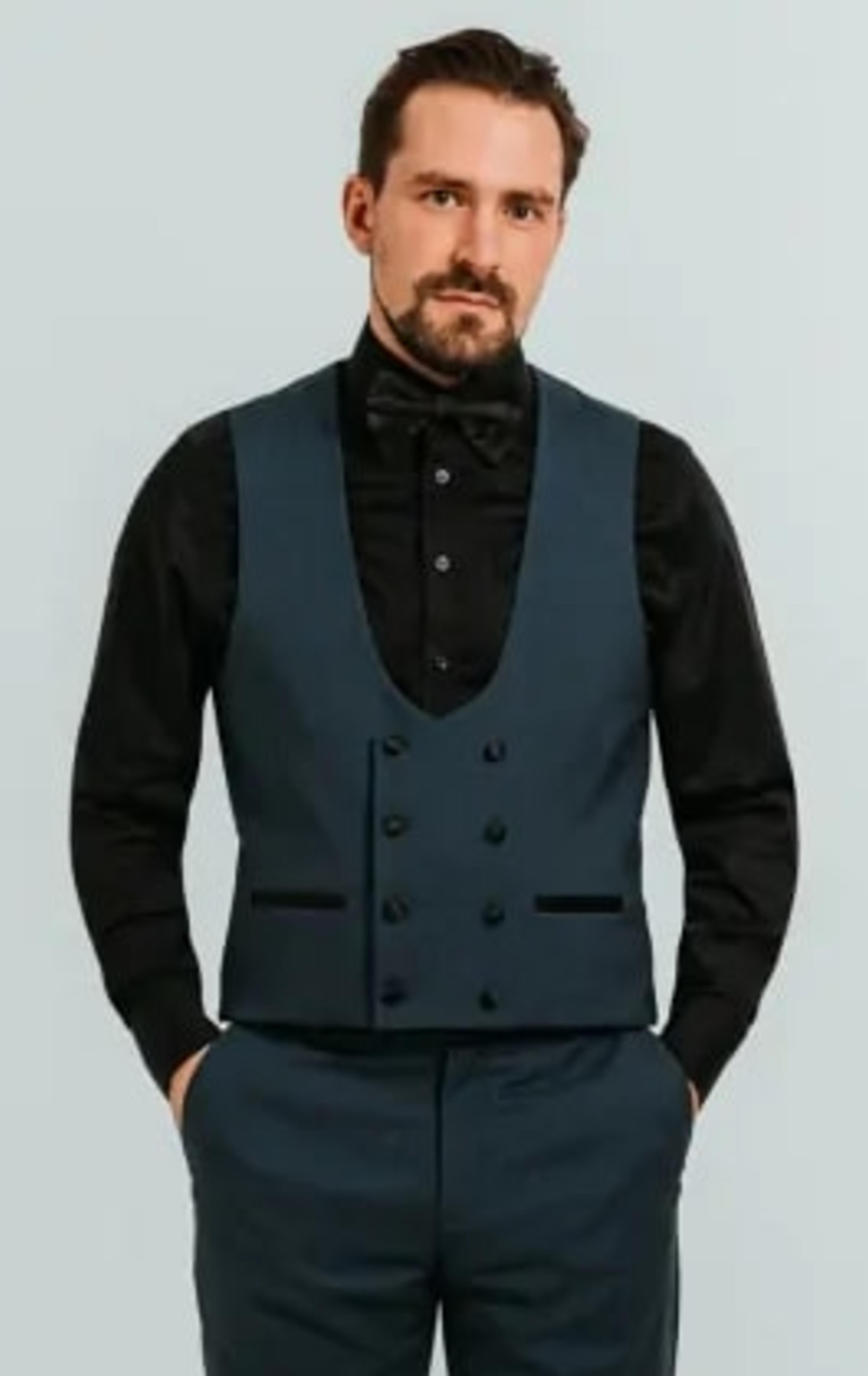 Dobell Teal 3 Piece Tuxedo with Peak Lapel & Black Trousers thumbnail 9