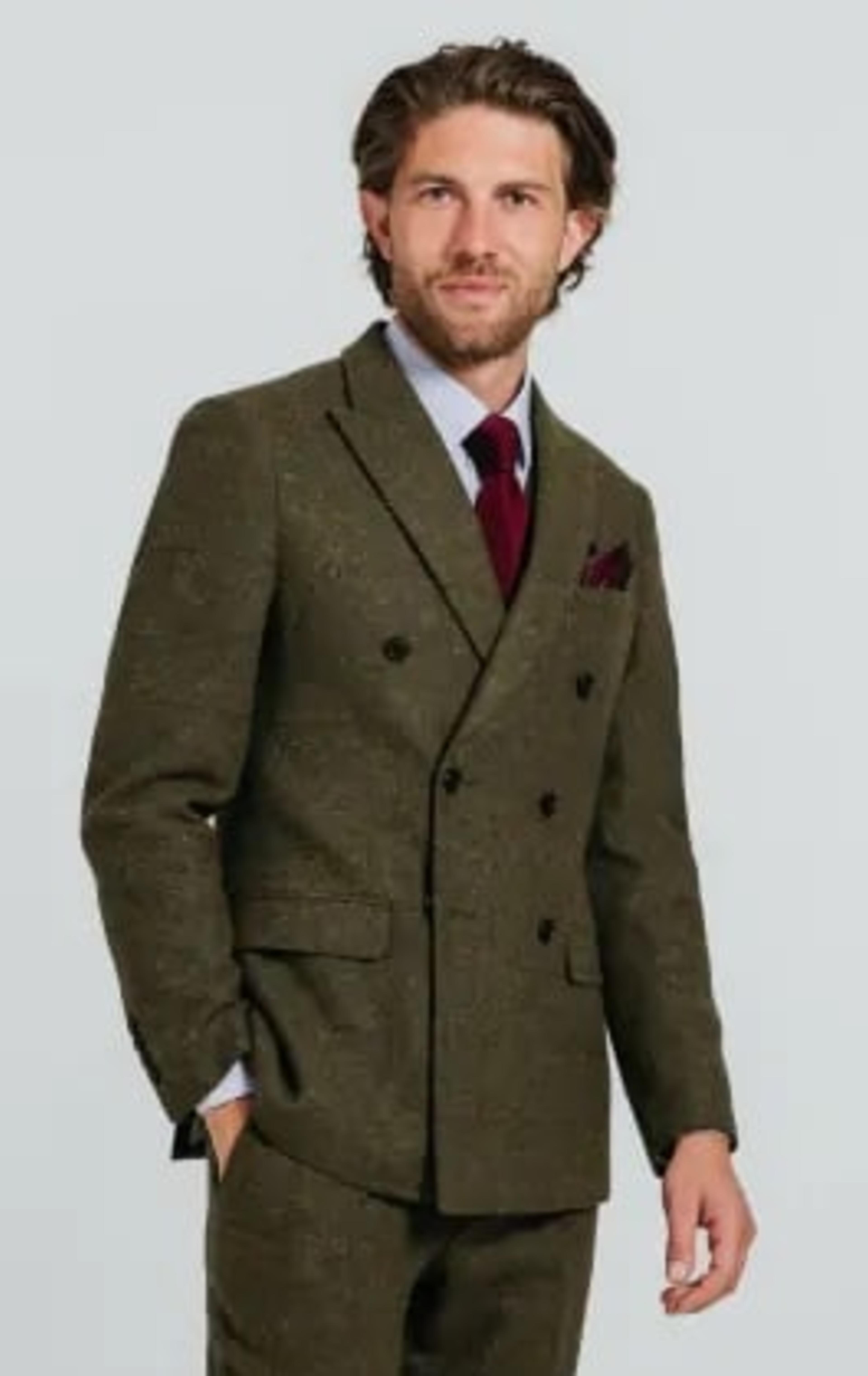 Double Breasted Green Windowpane Check Tweed Jacket thumbnail 2