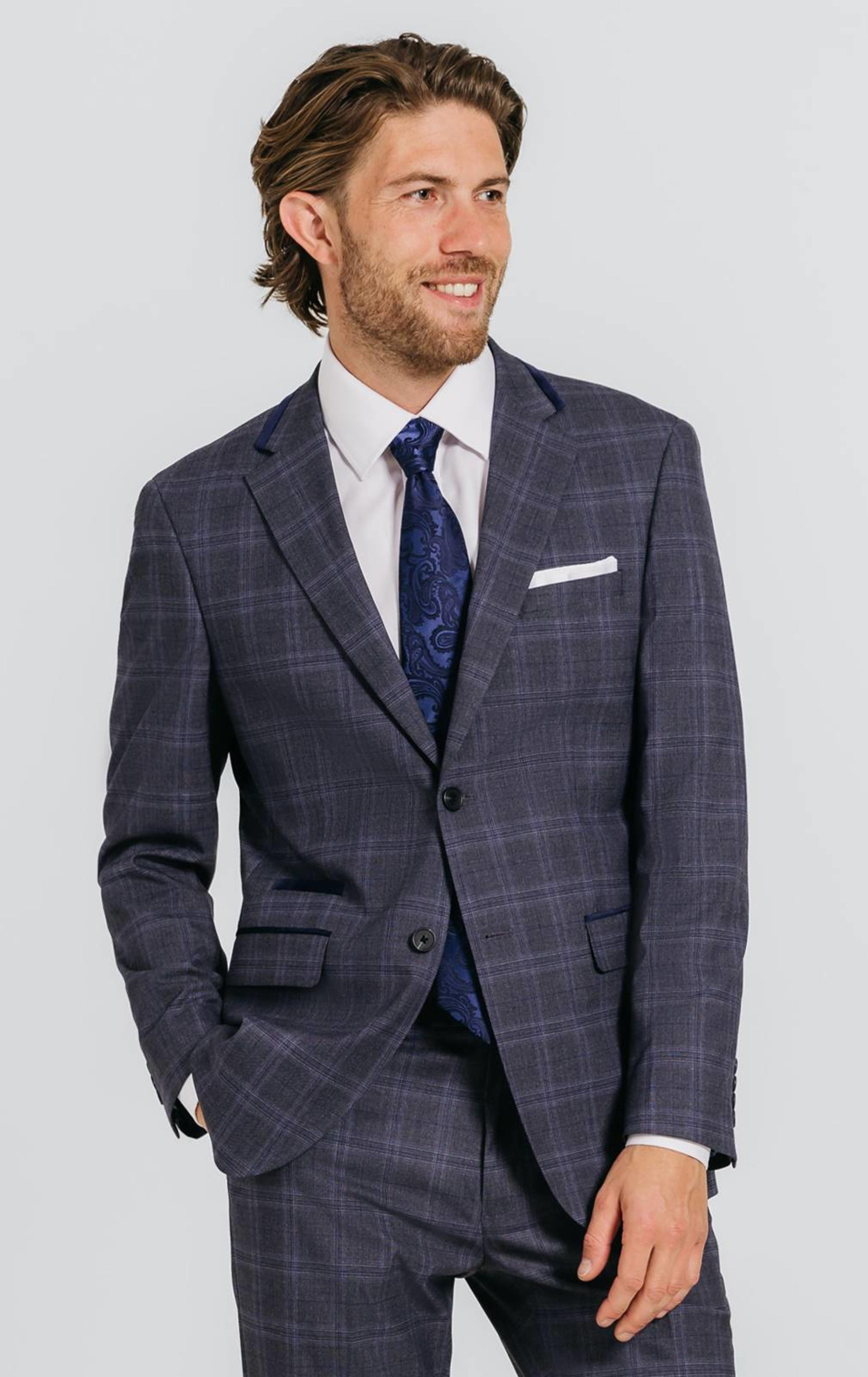 Grey and Blue Check with Navy Trim Suit primary image